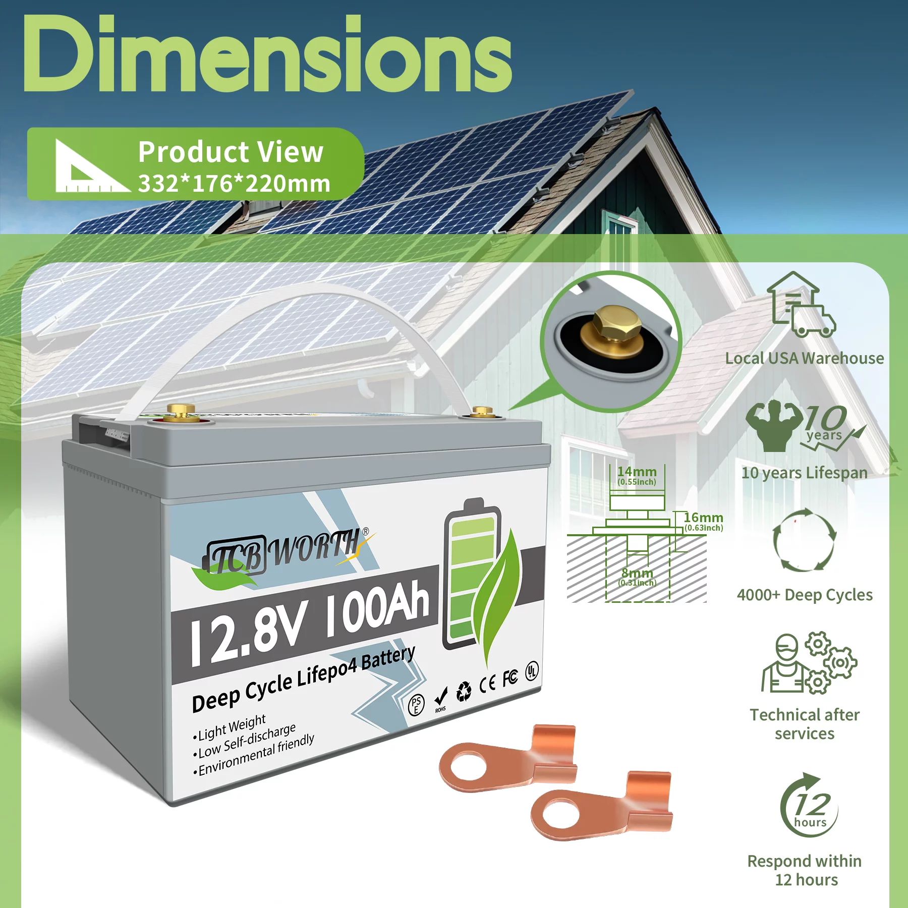 TCBWORTH Lithium Battery 12V 100Ah LiFePO4 Batteries with 100A BMS, Deep Cycle Rechargeable Lithium Iron Phosphate Battery, for Solar, Marine, Trolling Motor - Inhomebuy