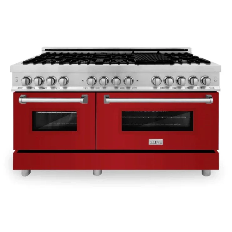 ZLINE 60 In. Professional Dual Fuel Range in Stainless Steel with Red Gloss Door, RA-RG-60 - Inhomebuy