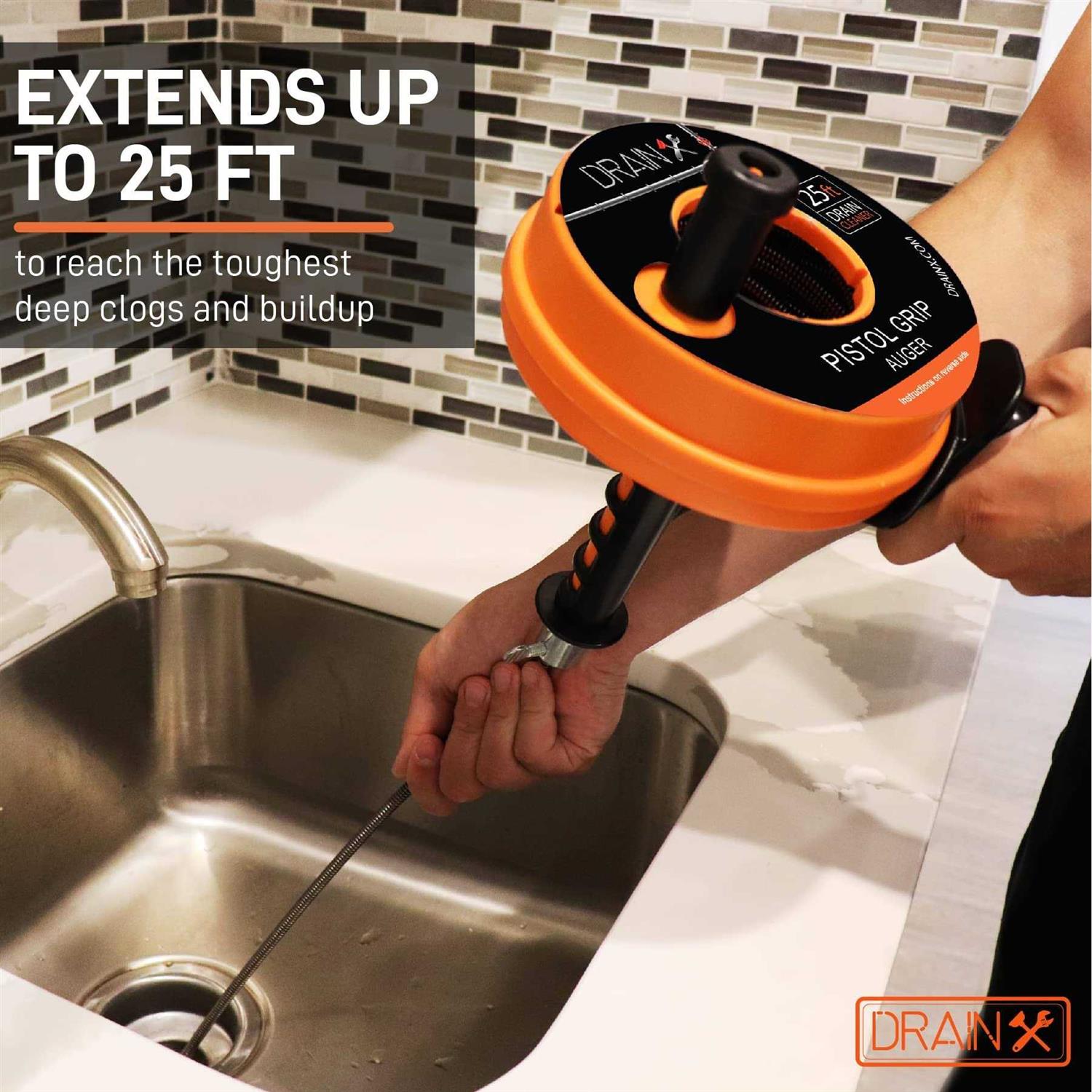 Drainx Heavy-Duty-Steel Pro Drum Drain Auger, 25 Ft., with Work Gloves and Carrying Pouch - Inhomebuy