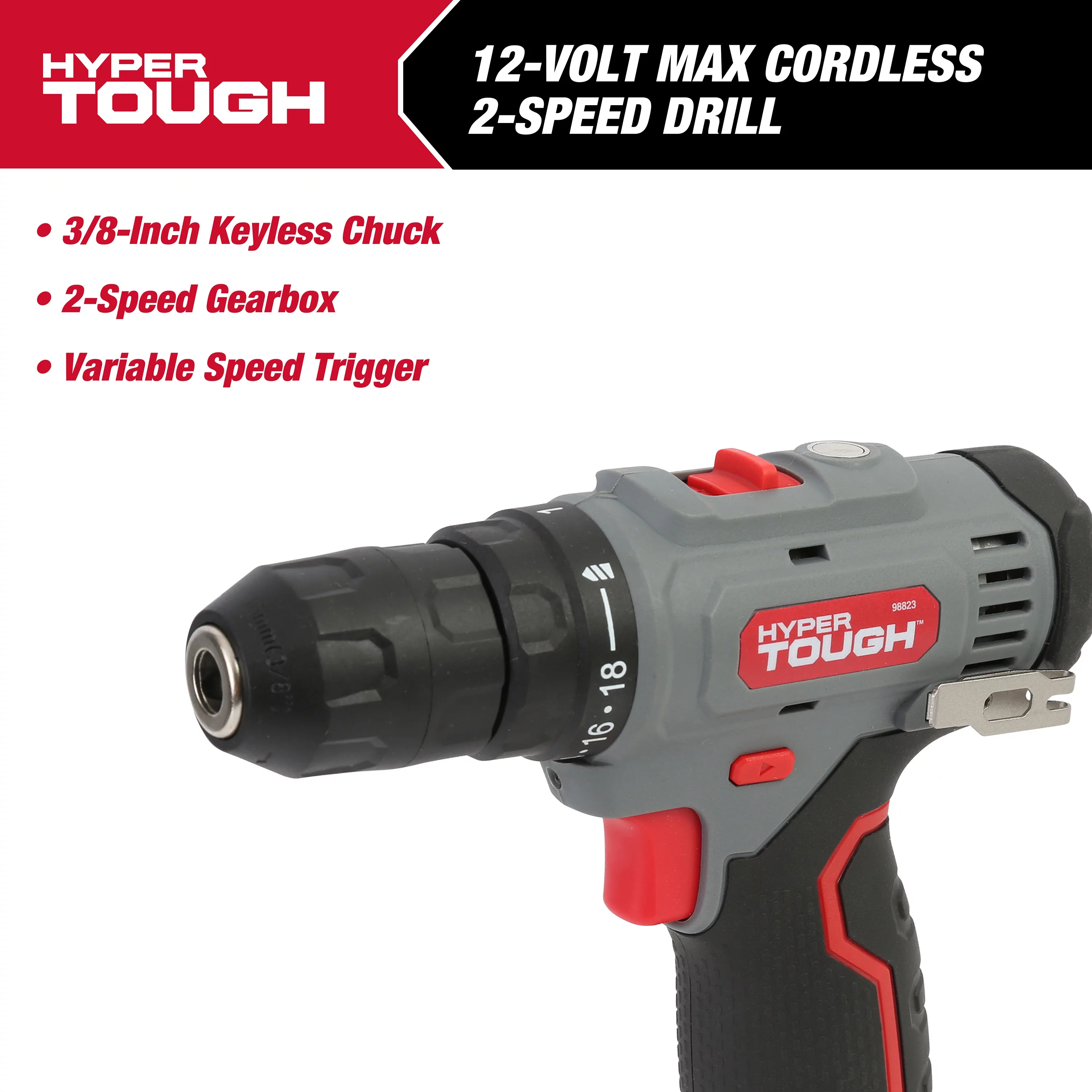 Hyper Tough 12V Max Lithium-Ion Cordless 2-Speed Drill Driver with 1.5Ah Battery and Charger, Model 98823 - Inhomebuy