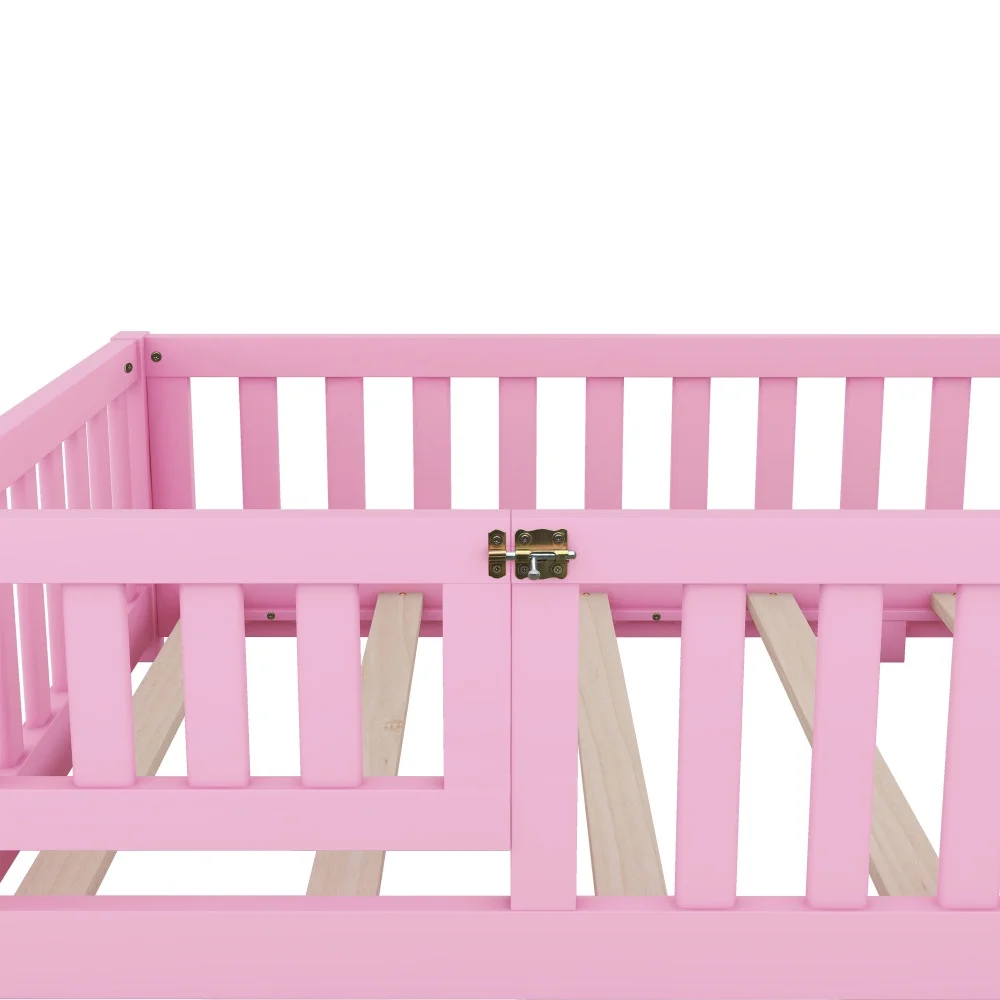 Twin Size Montessori Floor Bed with Safety Guardrails and Door, Playhouse Bed for Kids Boys Girls, Wood Montessori Bed Frame for Bedrooms, Pink - Inhomebuy