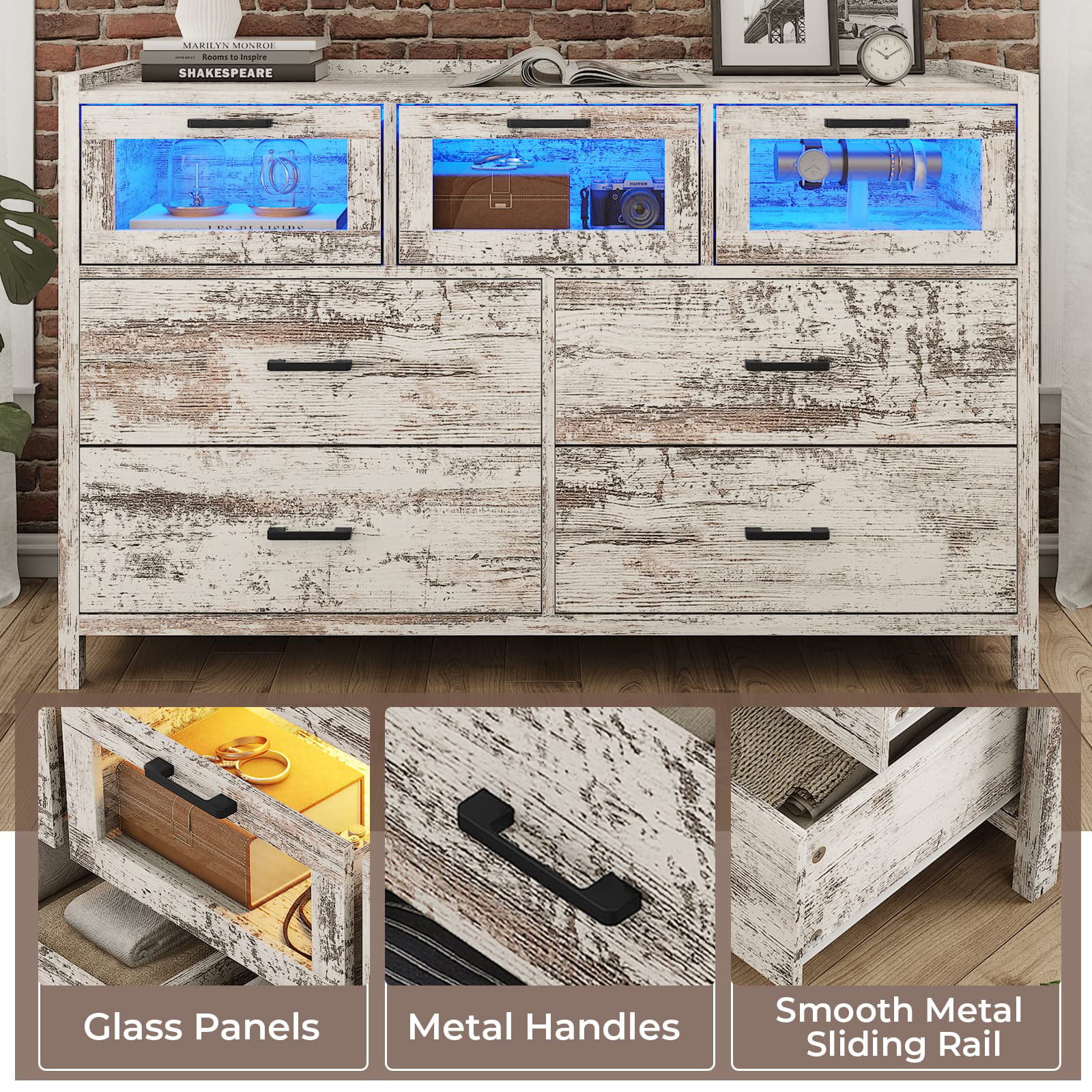 7 Drawer Dresser, Chest of Drawers with LED Lights, Wide Storage Organizer, Black Finish - Inhomebuy