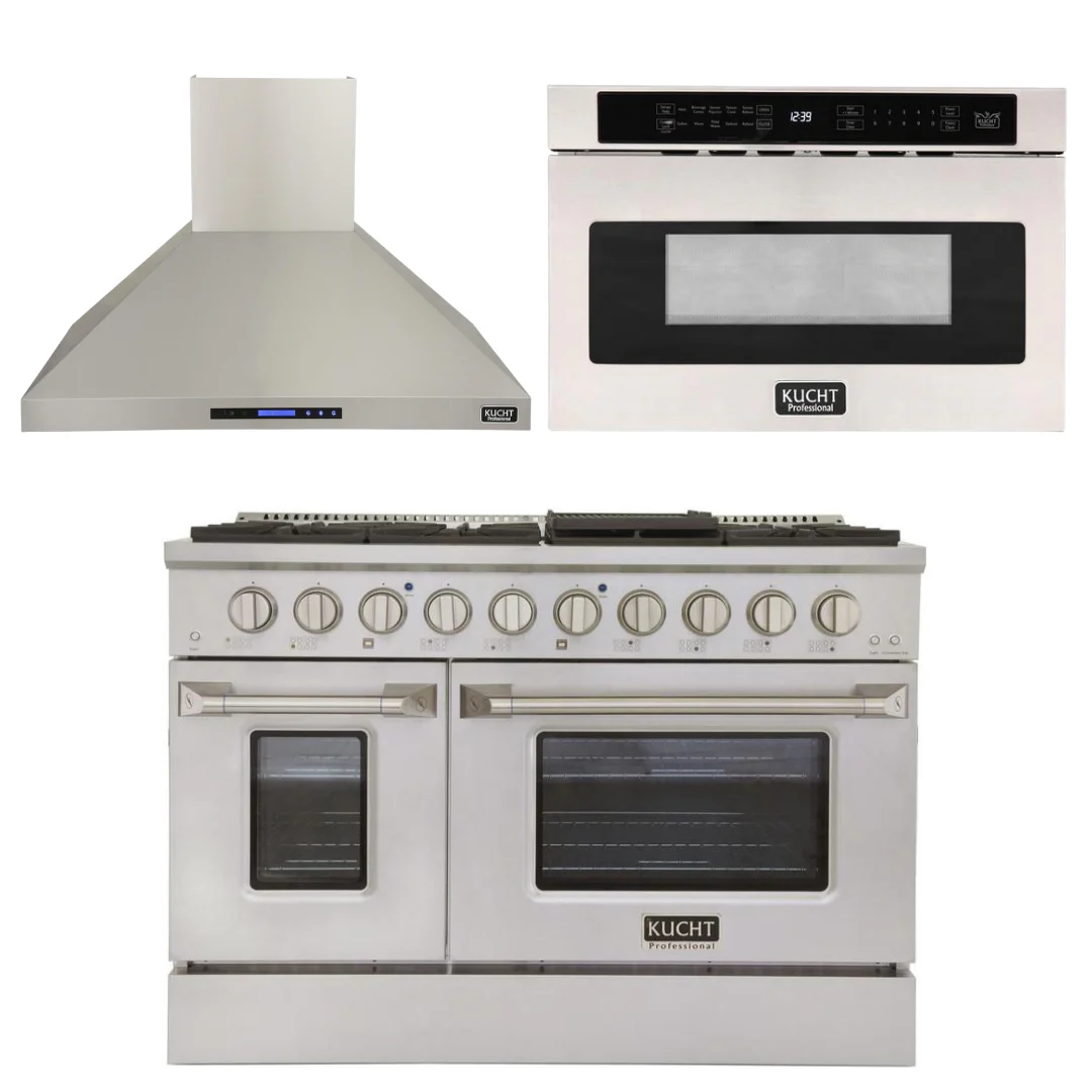 Kucht Professional 48 in. 6.7 cu ft. Natural Gas Range, Range Hood & Microwave Drawer Package, AP-KNG481-S-3 - Inhomebuy