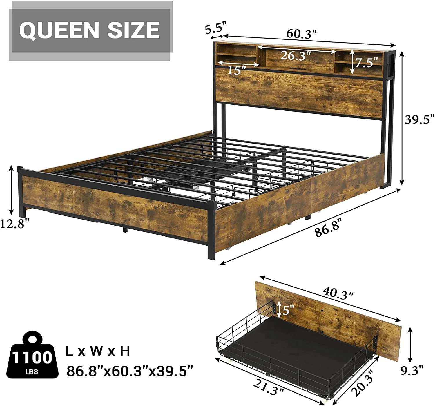 Afuhokles LED Full Bed Frame with Outlets and Headboard, Platform Bed with Storage Drawers, Brown - Inhomebuy