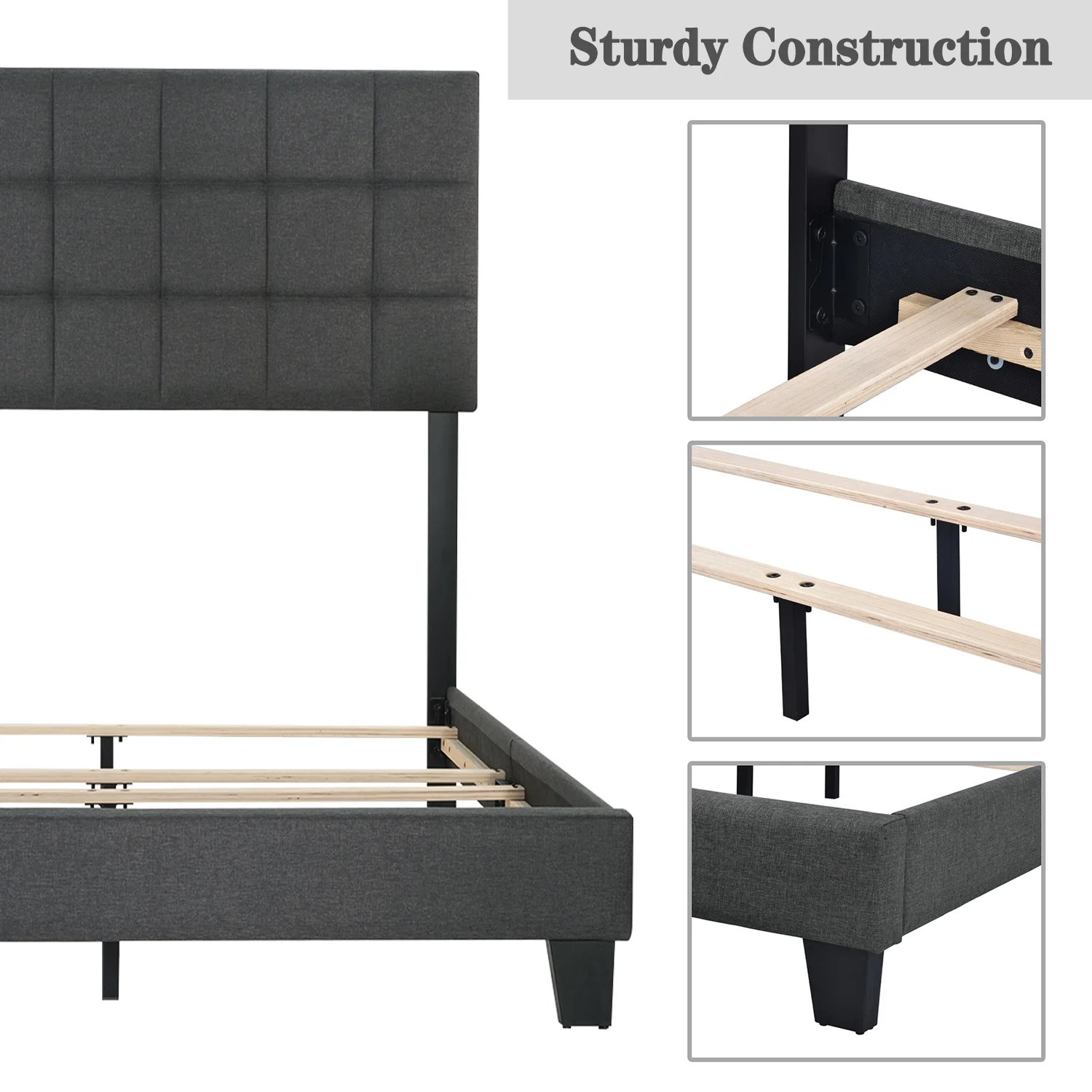 Allewie Queen Size Panel Platform Bed Frame with Adjustable High Upholstered Headboard, Grey - Inhomebuy