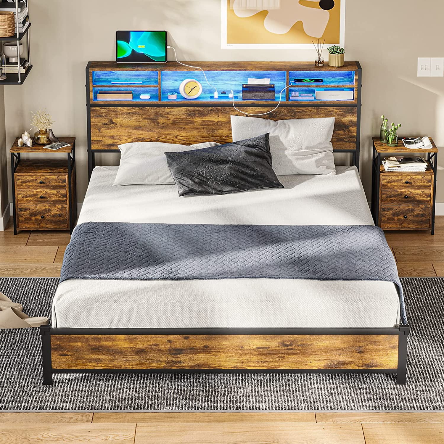 Afuhokles LED Full Bed Frame with Outlets and Headboard, Platform Bed with Storage Drawers, Brown - Inhomebuy