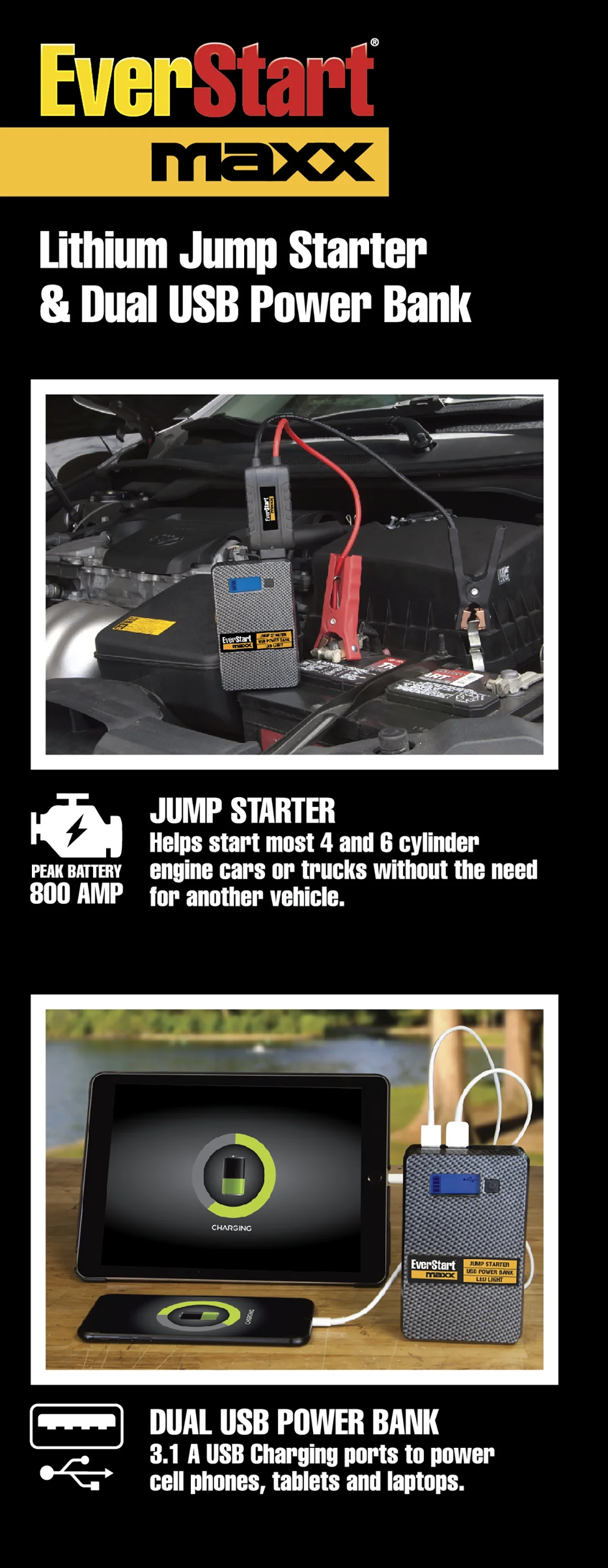 Everstart Maxx Compact 800 Amp 12 Volts Lithium Jump Starter with USB - Inhomebuy