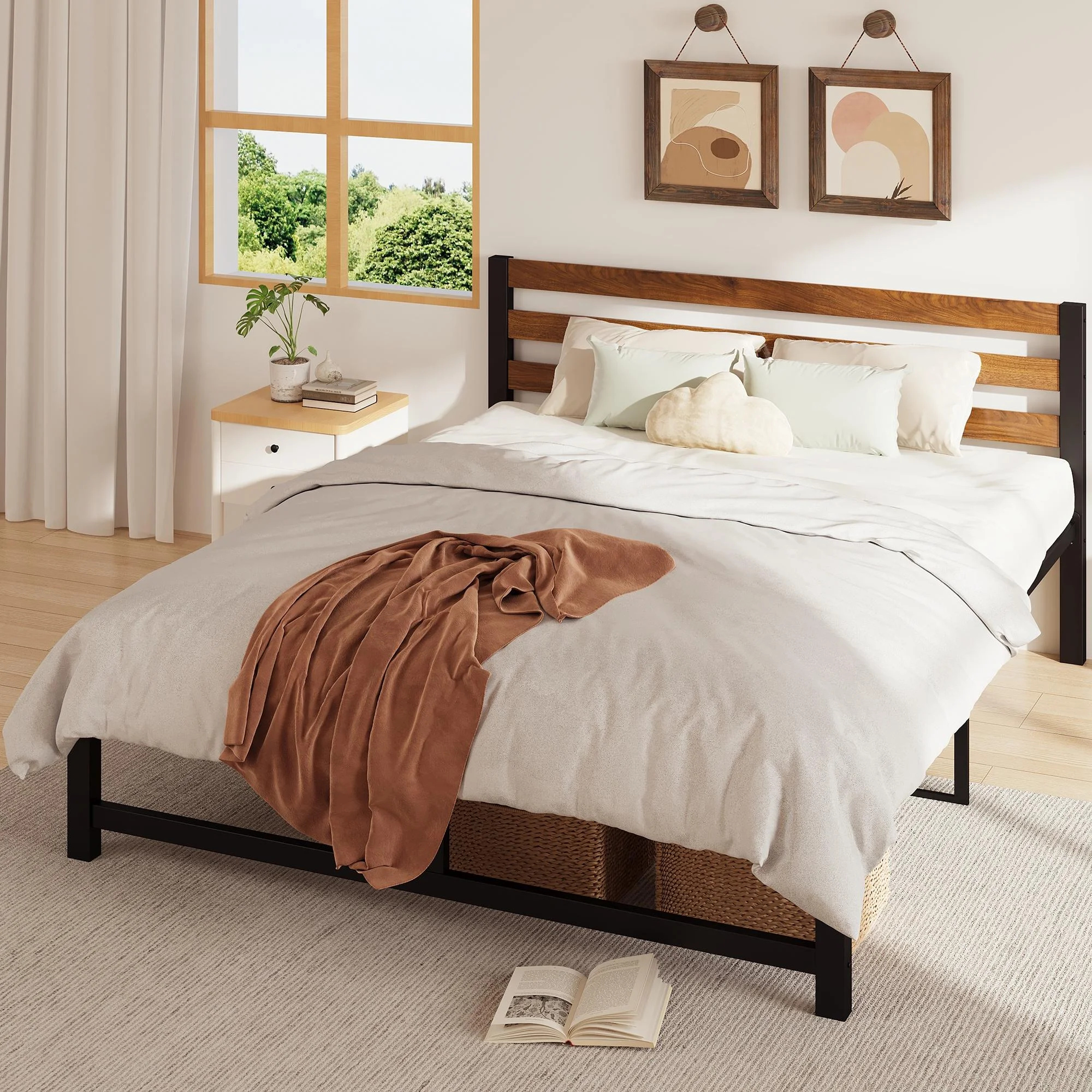 uhomepro Queen Platform Bed Frame with Headboard, Rustic Brown and Black Metal Platform Bed Frame with Heavy Duty Metal Slats, No Box Spring Needed - Inhomebuy