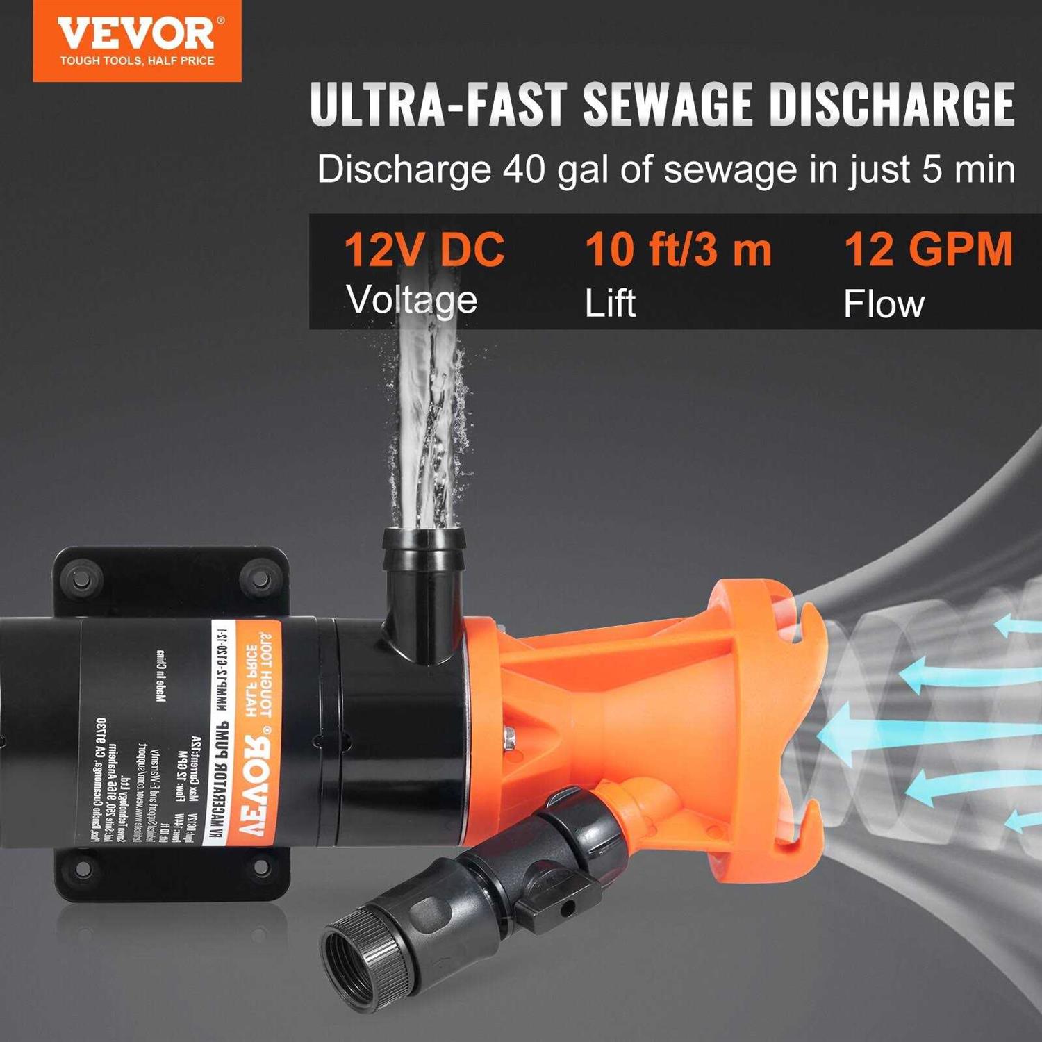 VEVOR RV Macerator Pump 12V 12GPM Self-priming Water Waste Pumps w/RV Connector & Hose FCJZBZLD12GPM9UO0V9 - Inhomebuy