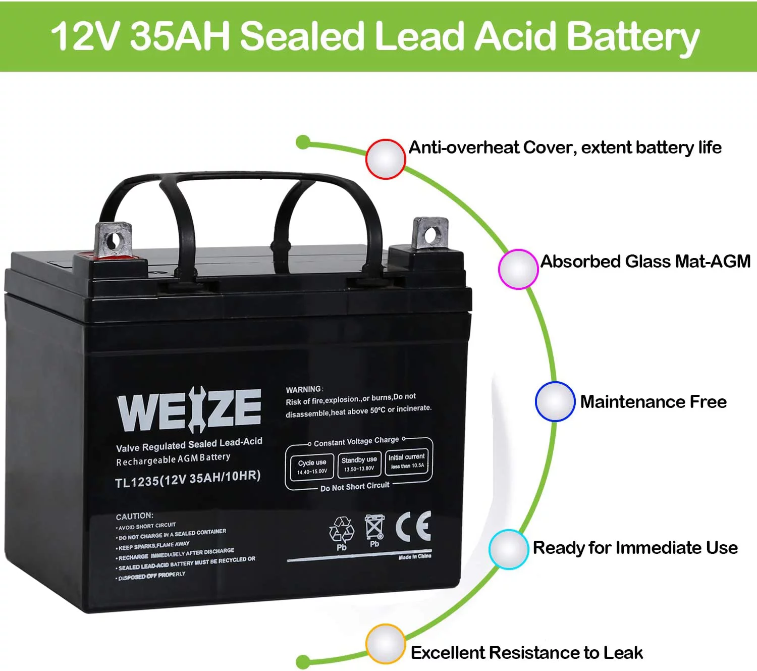 Weize 12V 35AH Sealed Lead Acid Rechargeable Deep Cycle SLA AGM Battery - Inhomebuy