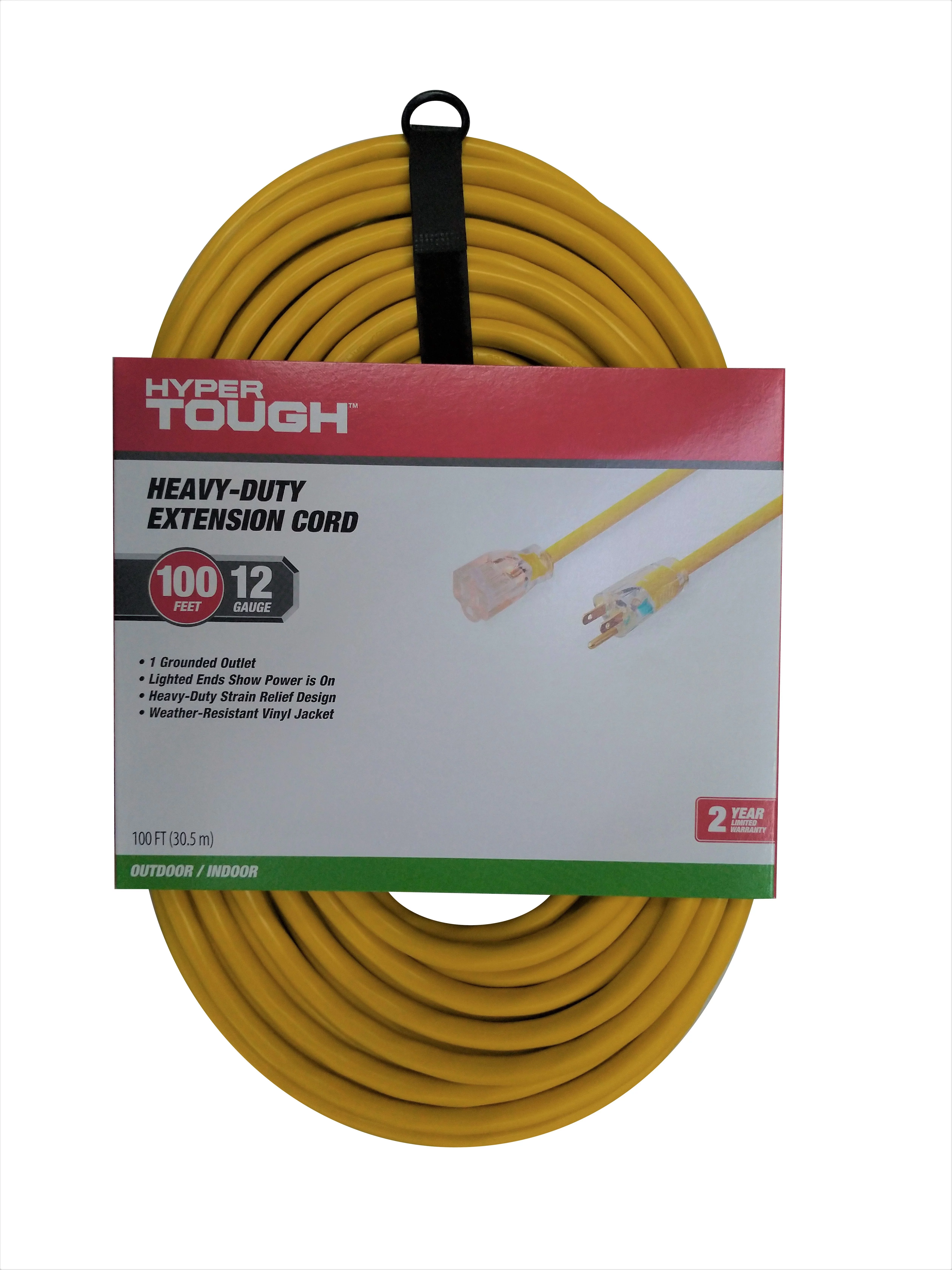 Hyper Tough 12AWGX3C 100ft Indoor and Outdoor Heavy Duty Yellow Vinyl Extension Cord - Inhomebuy