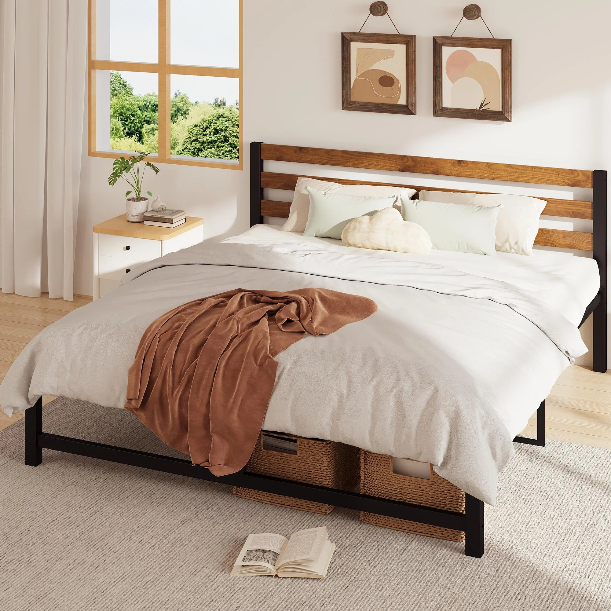 uhomepro Queen Platform Bed Frame with Headboard, Rustic Brown and Black Metal Platform Bed Frame with Heavy Duty Metal Slats, No Box Spring Needed - Inhomebuy