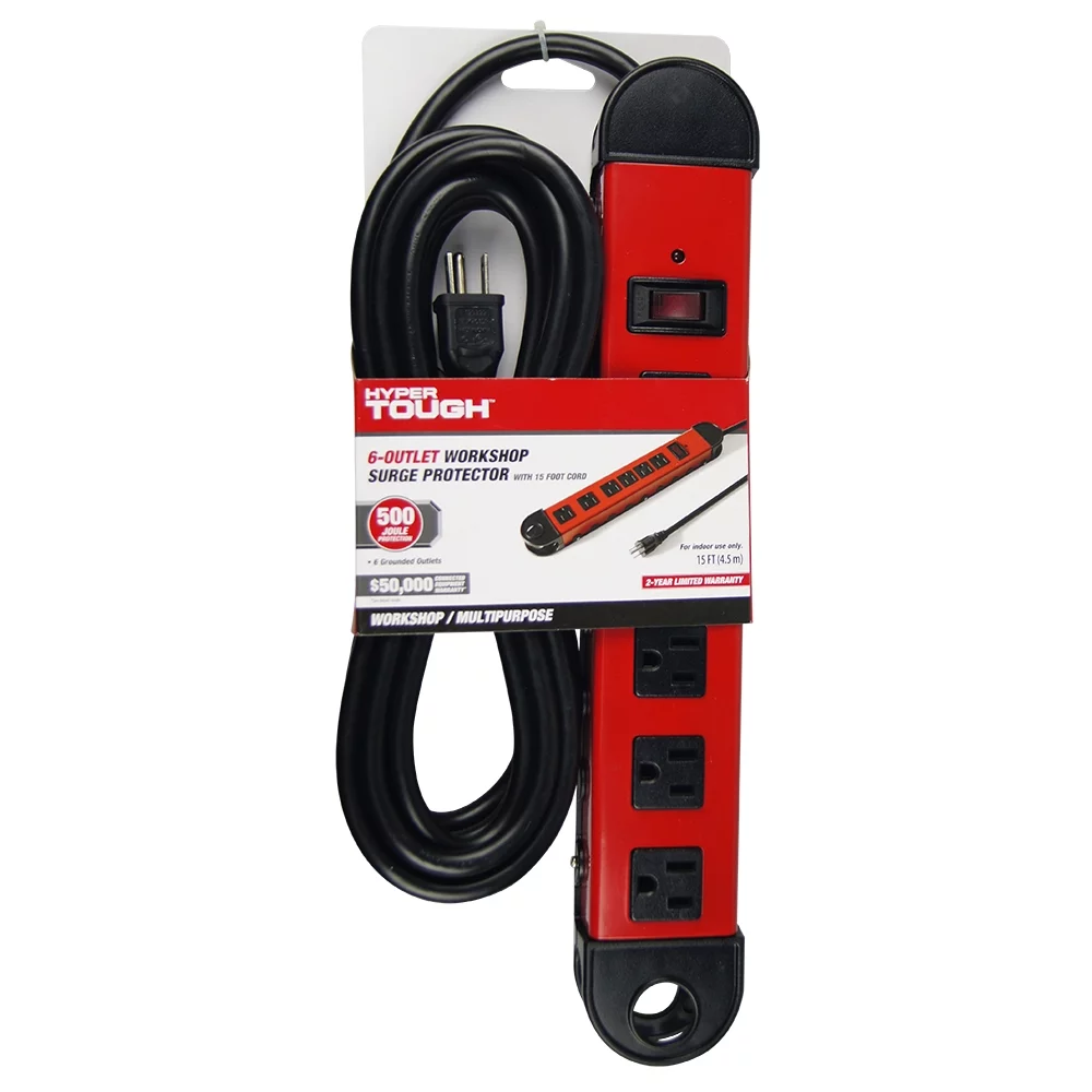 Hyper Tough 6-Outlet 15ft Cord Metal Surge with 500-Joule Protection - Inhomebuy