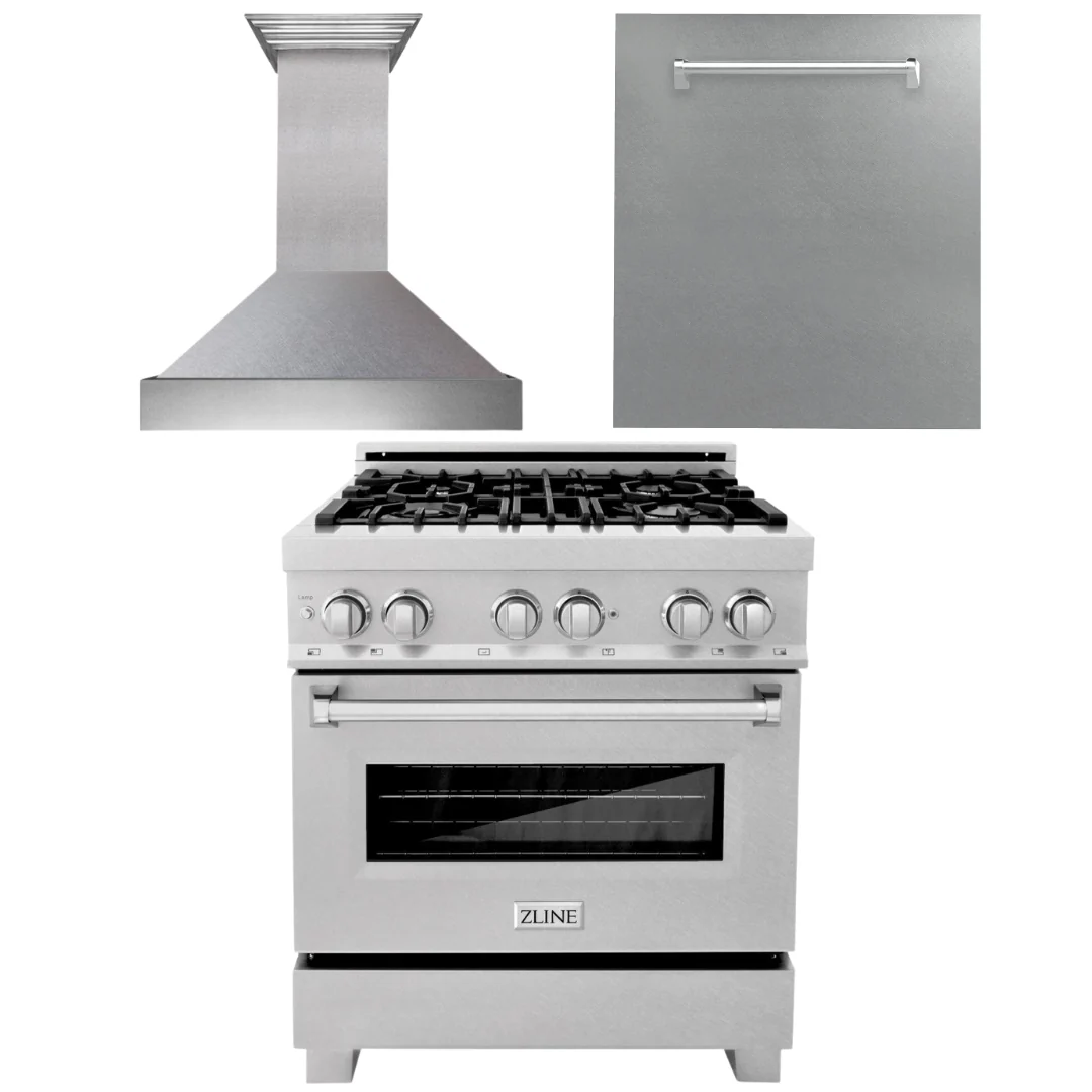 ZLINE 30 in. Kitchen Appliance Package with DuraSnow® Stainless Dual Fuel Range, Ducted Vent Range Hood and Dishwasher, 3KP-RASRH30-DW - Inhomebuy