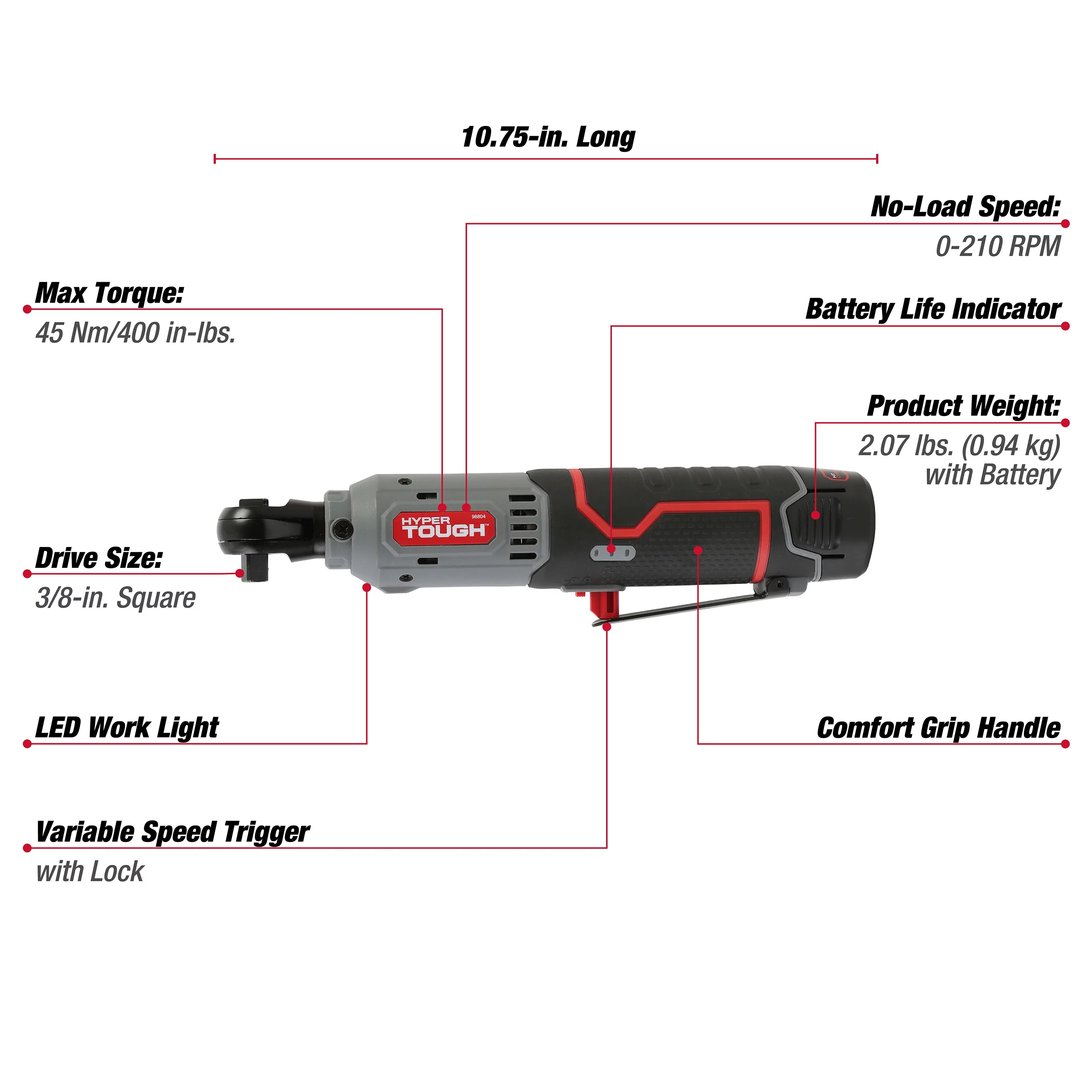 Hyper Tough 12V Max* Lithium-Ion Cordless 3/8-Inch Ratchet with 1.5Ah Battery and Charger, 98804 - Inhomebuy