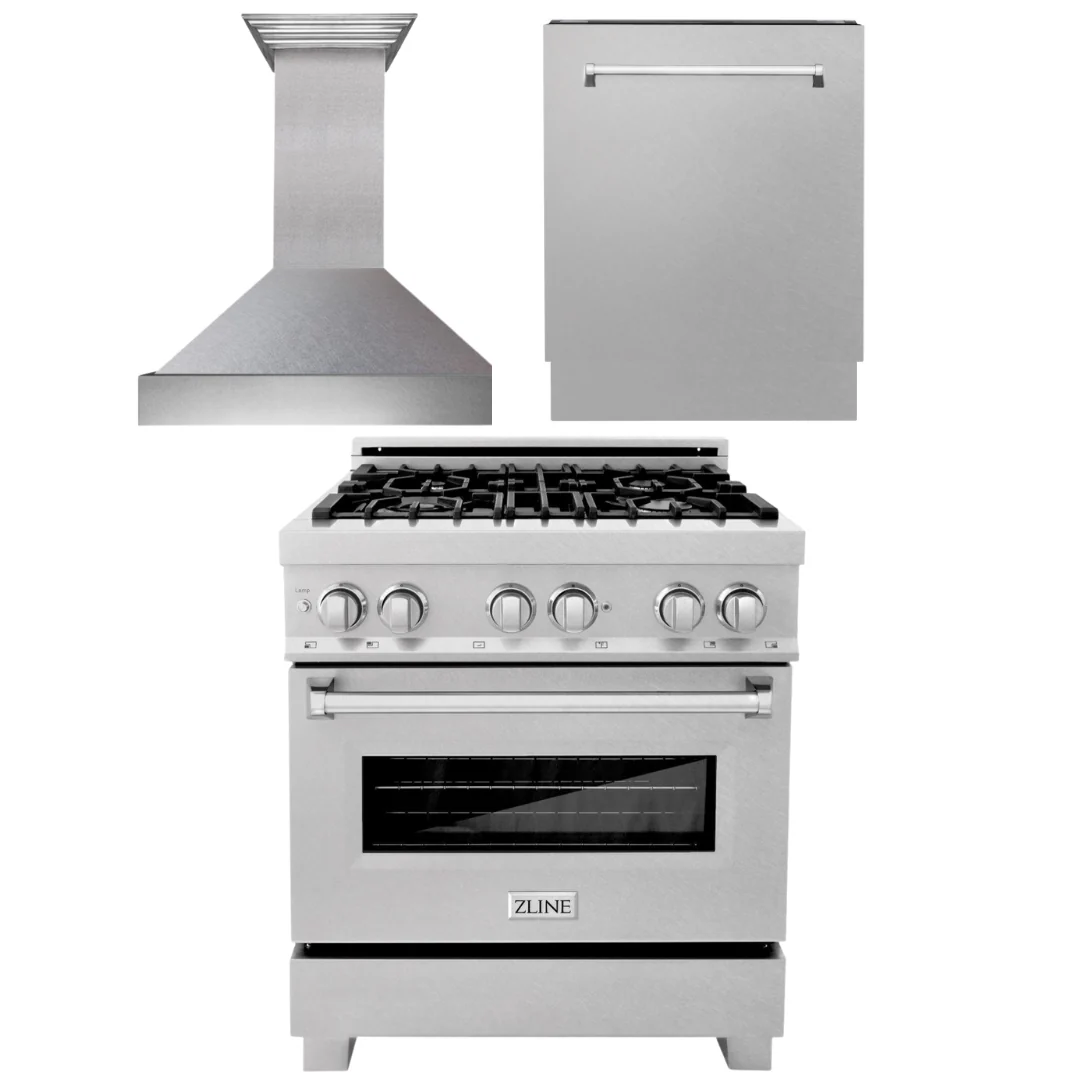 ZLINE 30 in. Kitchen Appliance Package with DuraSnow® Stainless Dual Fuel Range, Ducted Vent Range Hood and Tall Tub Dishwasher, 3KP-RASRH30-DWV - Inhomebuy