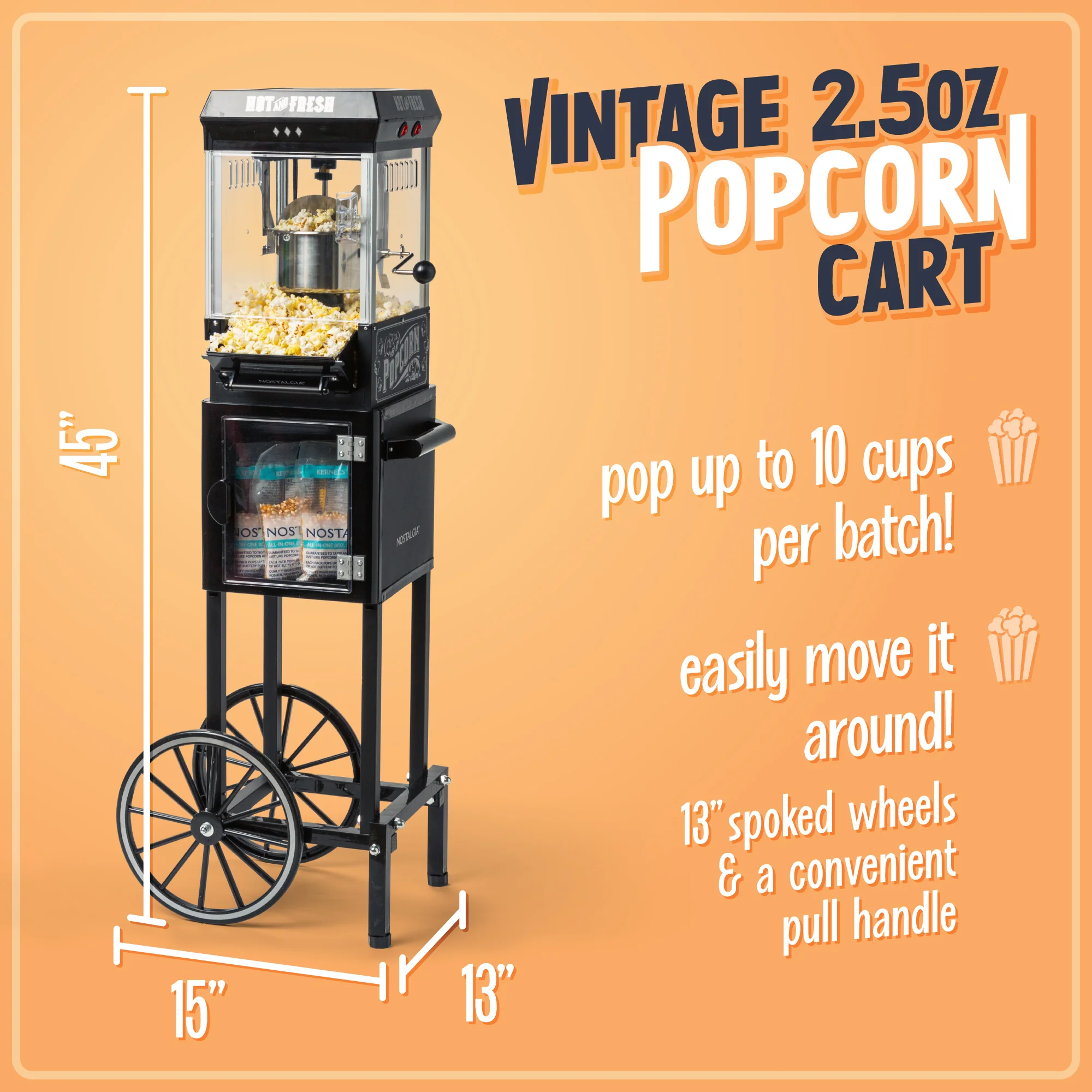 Vintage 2.5-Ounce Popcorn Cart with 5-Quart Bowl - 45-Inches Tall - Black - Inhomebuy