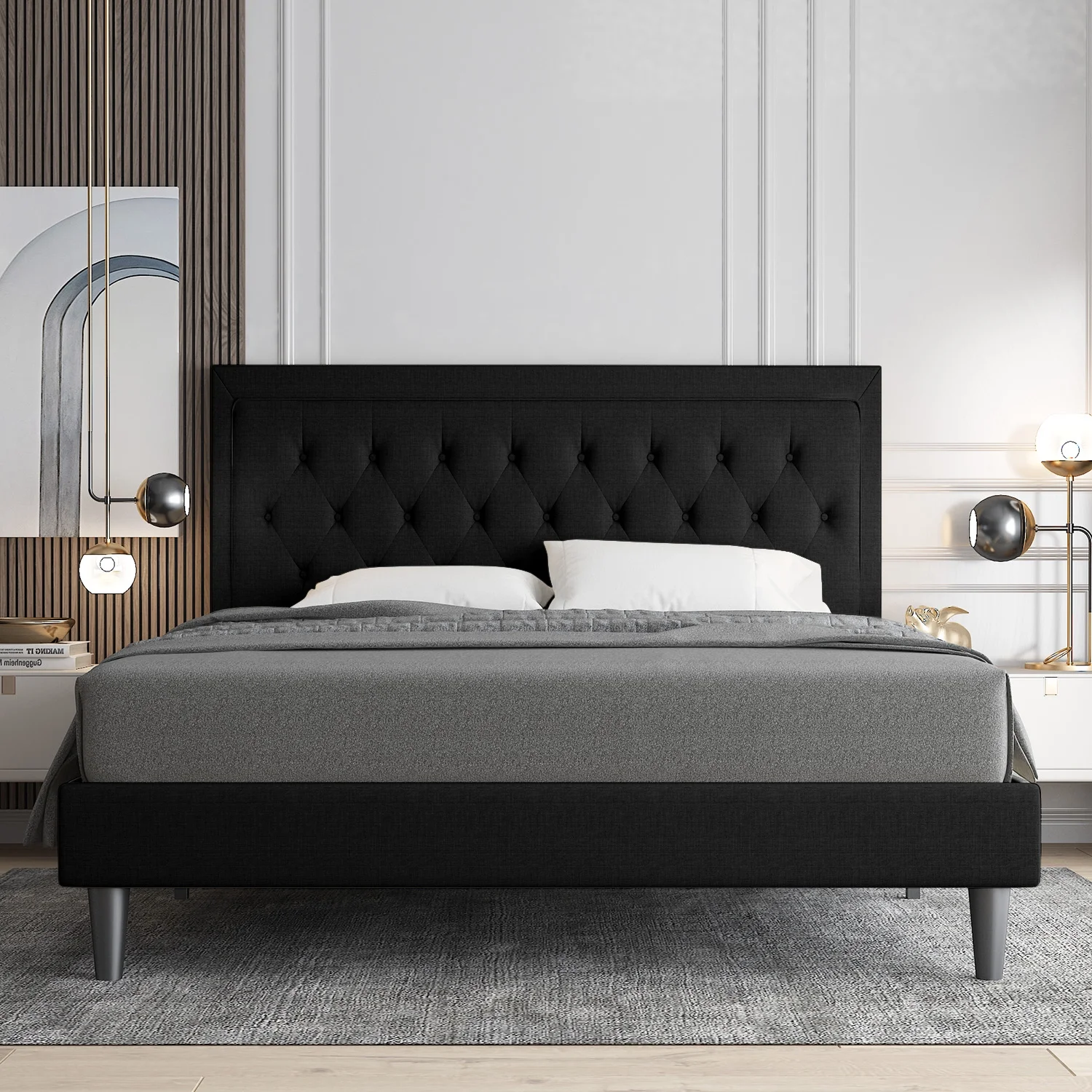 Allewie Queen Size Bed Frame Upholstered Platform Bed with Adjustable Headboard, Box Spring not Needed, Dark Grey - Inhomebuy