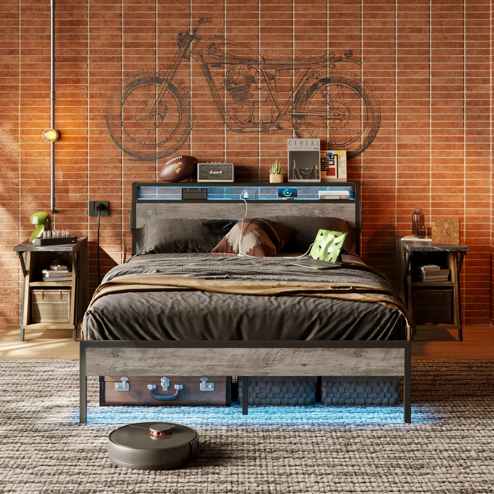 Bestier Queen Size Bed Frame Led Platform Bed with Storage Headboard Charging Station,Grey - Inhomebuy