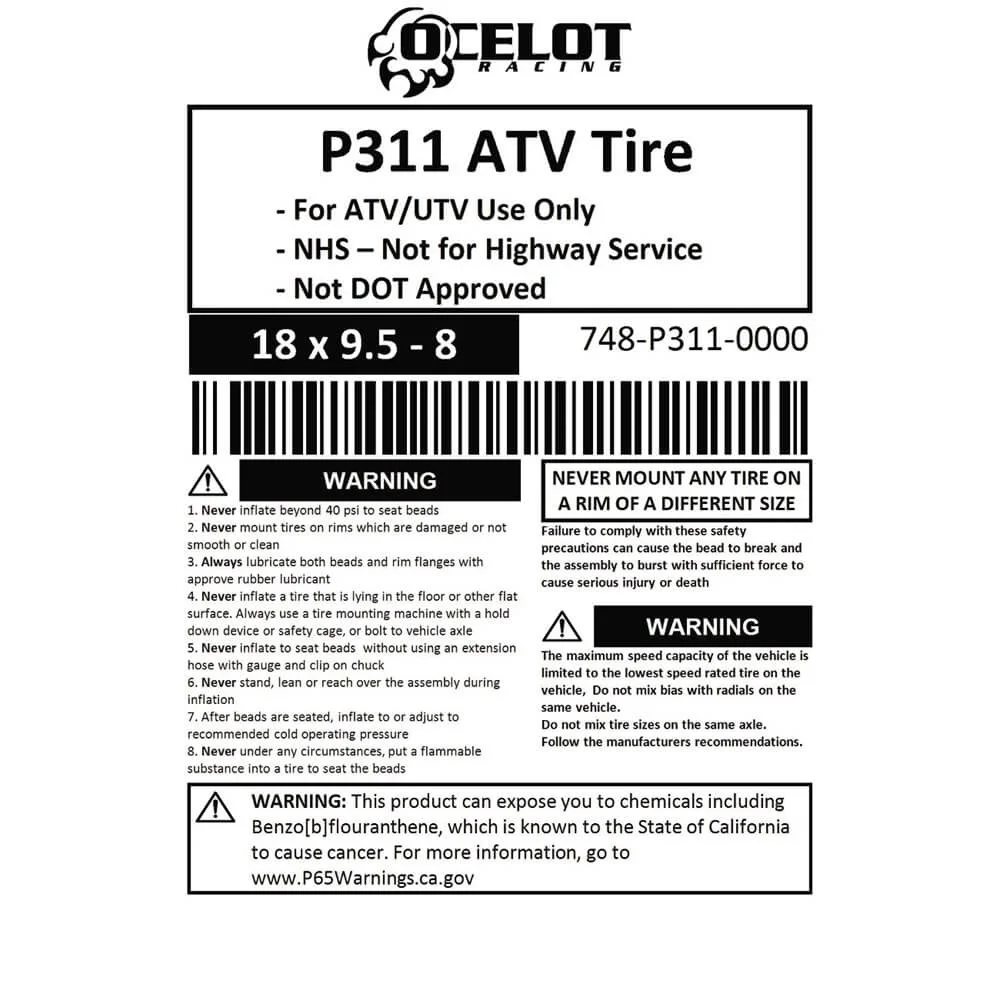 Ocelot Sport Quad ATV /UTV Tire All Terrain Bounty Hunter of fun 18x9.5-8 P311 - Inhomebuy