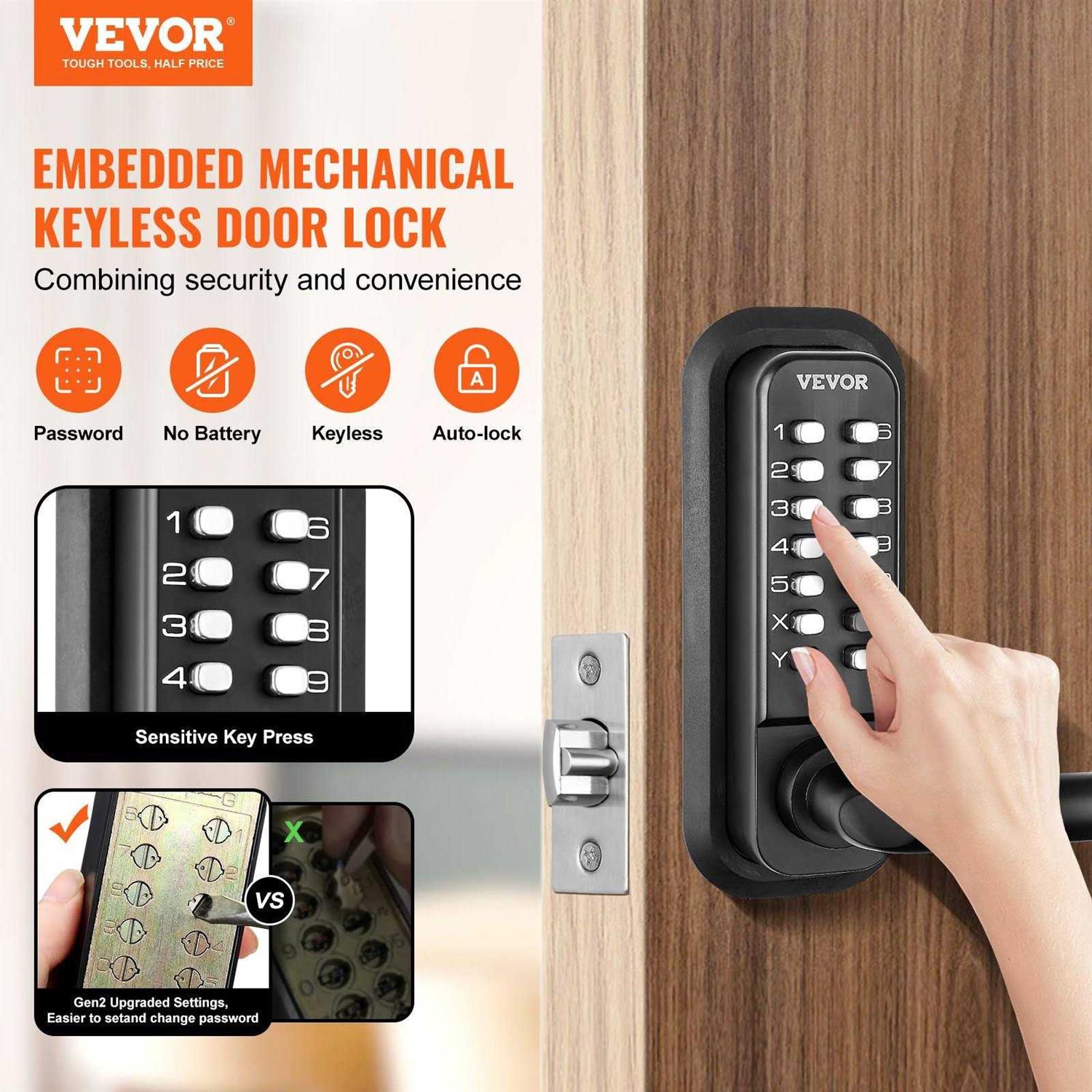 VEVOR Mechanical Keyless Entry Door Lock 14 Digit Keypad Water-proof Zinc Alloy - Inhomebuy