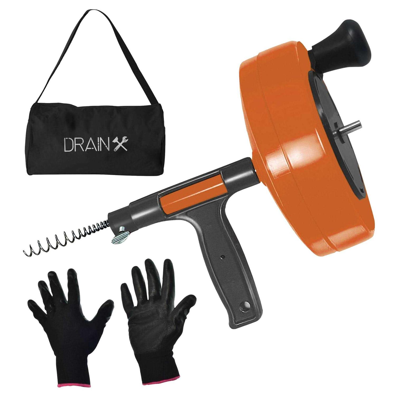 Drainx Heavy-Duty-Steel Pro Drum Drain Auger, 25 Ft., with Work Gloves and Carrying Pouch - Inhomebuy