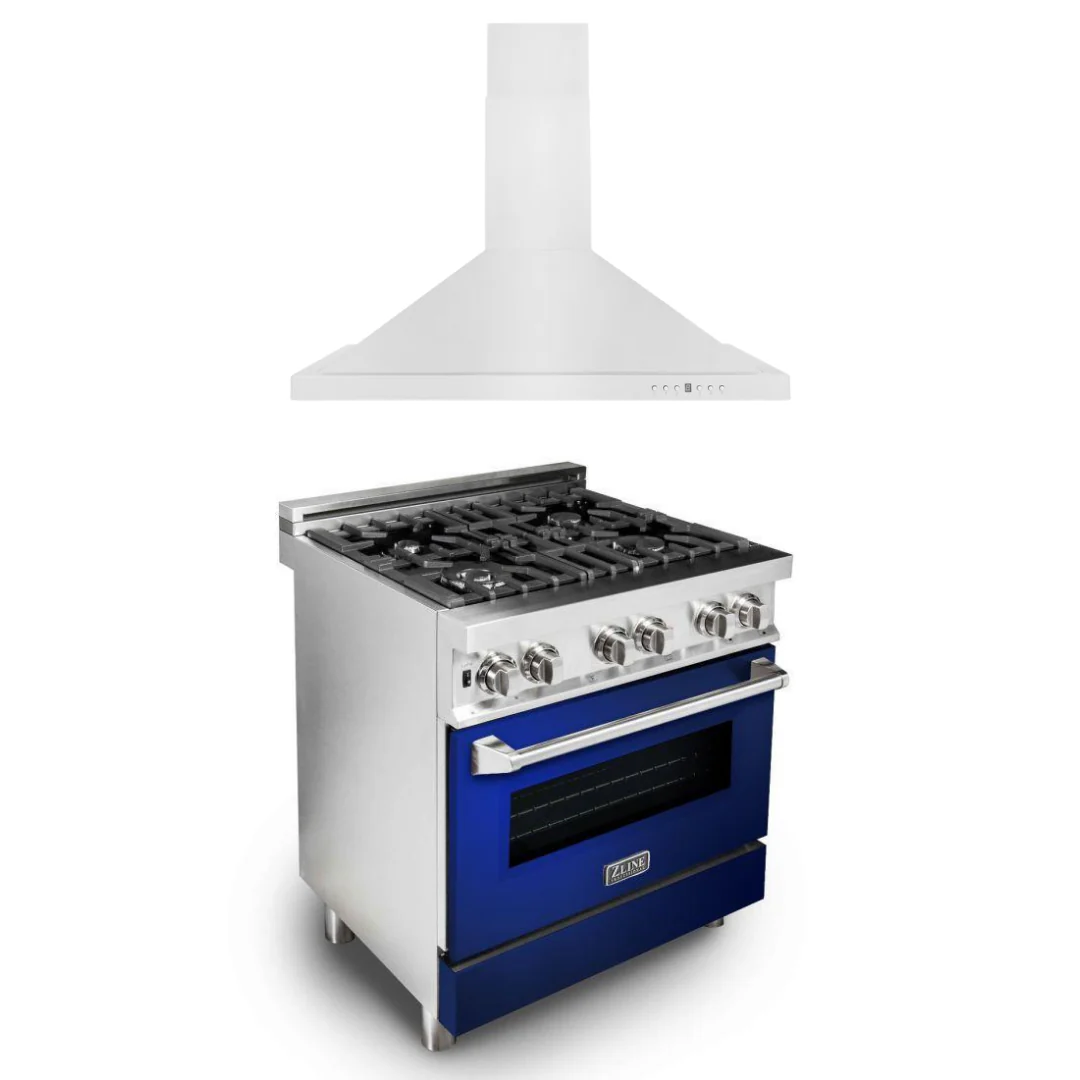 ZLINE 30 in. Dual Fuel Range in Blue Gloss & 30 in. Range Hood Appliance Package, 2KP-RABGRH30 - Inhomebuy