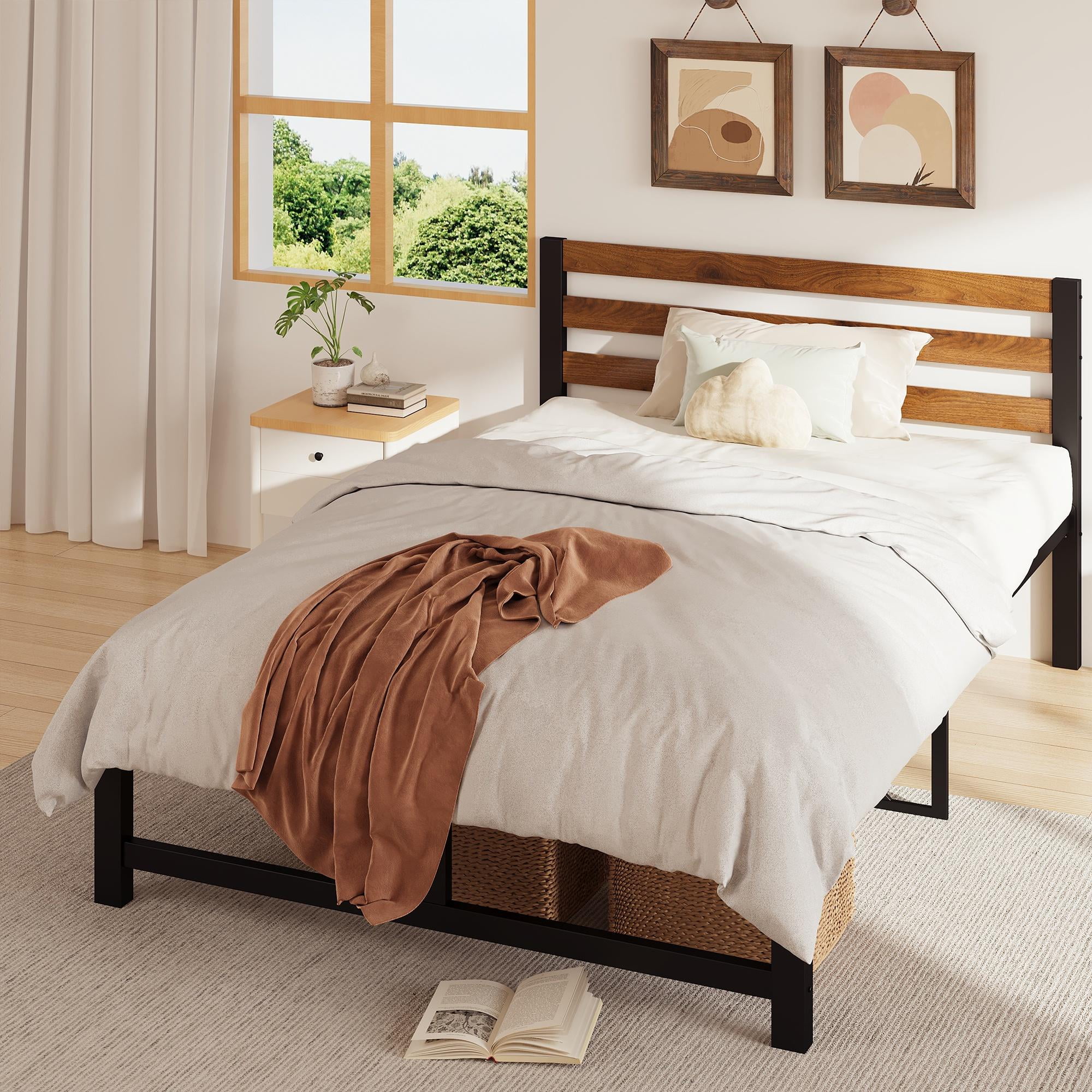 uhomepro Queen Platform Bed Frame with Headboard, Rustic Brown and Black Metal Platform Bed Frame with Heavy Duty Metal Slats, No Box Spring Needed - Inhomebuy