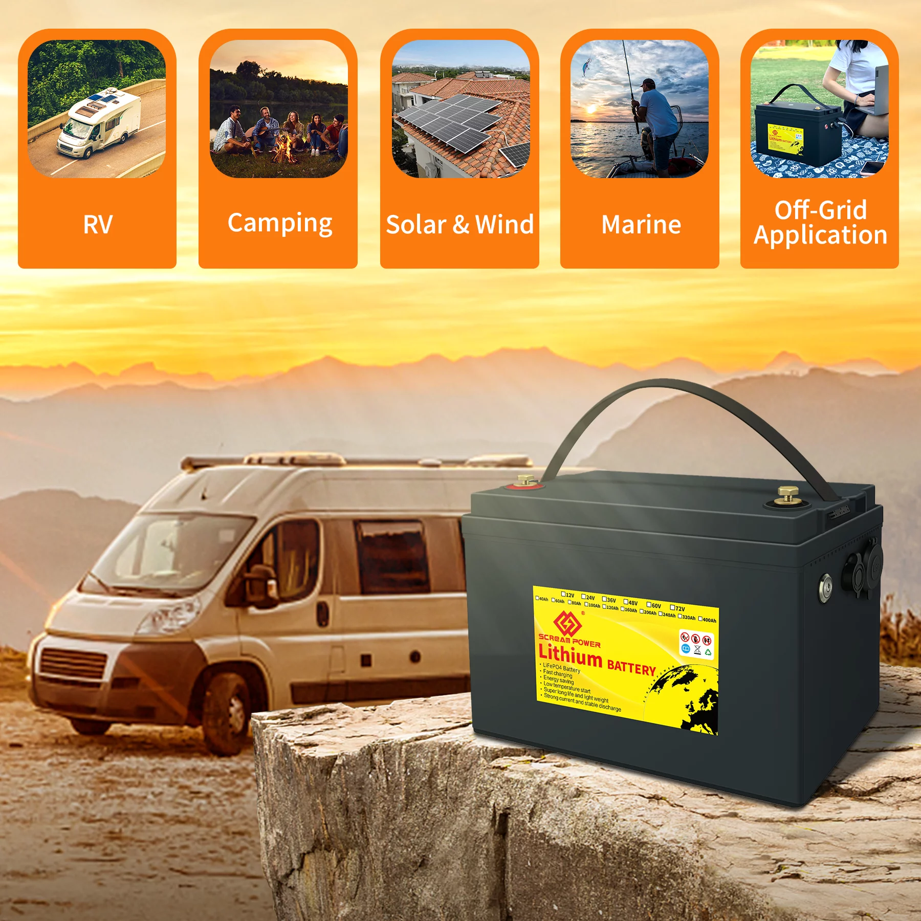 SCREAMPOWER 12V 100Ah LiFePO4 Lithium Battery with 100A BMS, for RV, Solar, Trolling Motor - Inhomebuy