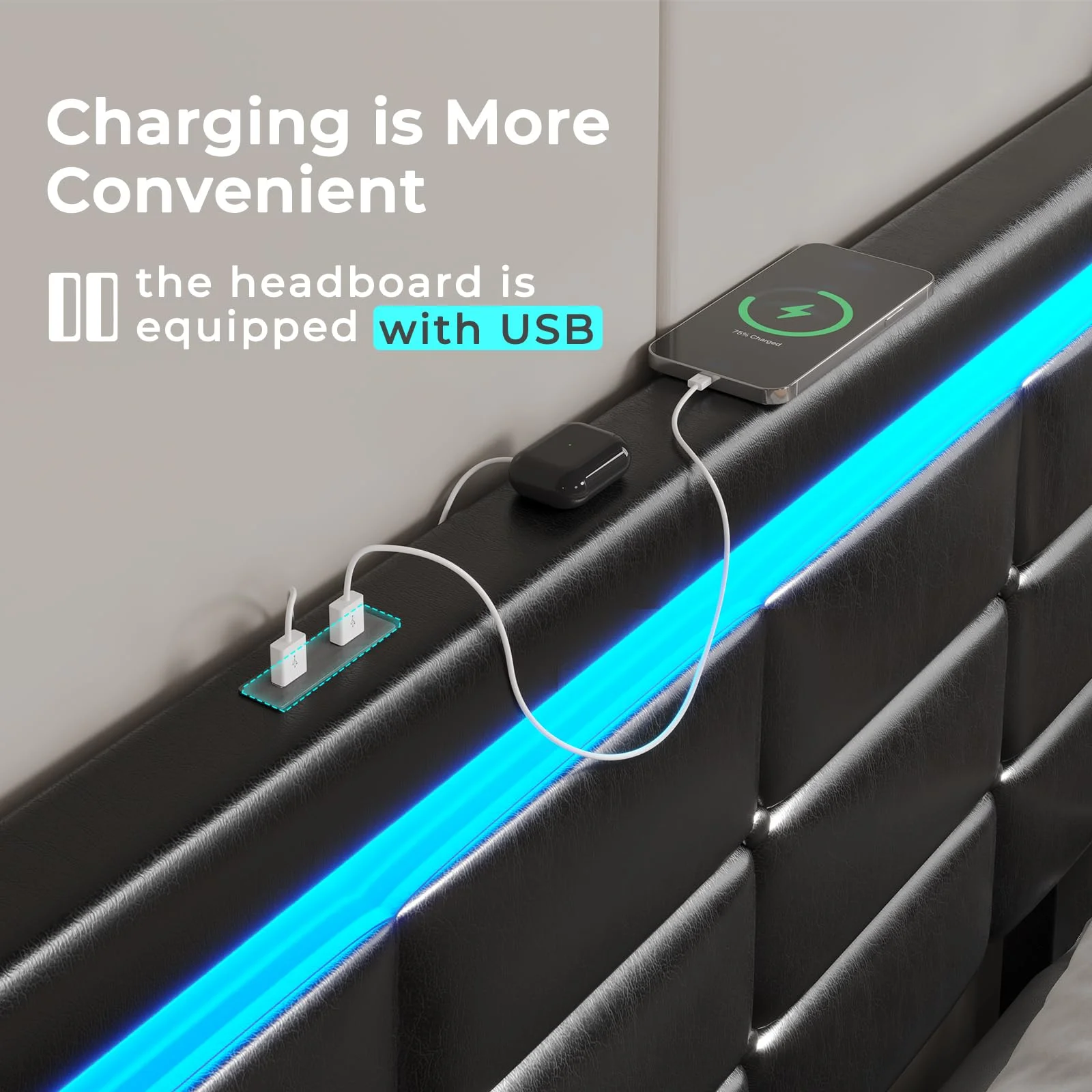 Afuhokles LED Bed Frame King Size with 2 USB Ports, Platform Bed Frame with LED Headboard and Footboard, Storage Drawers, No Box Spring Needed, White - Inhomebuy