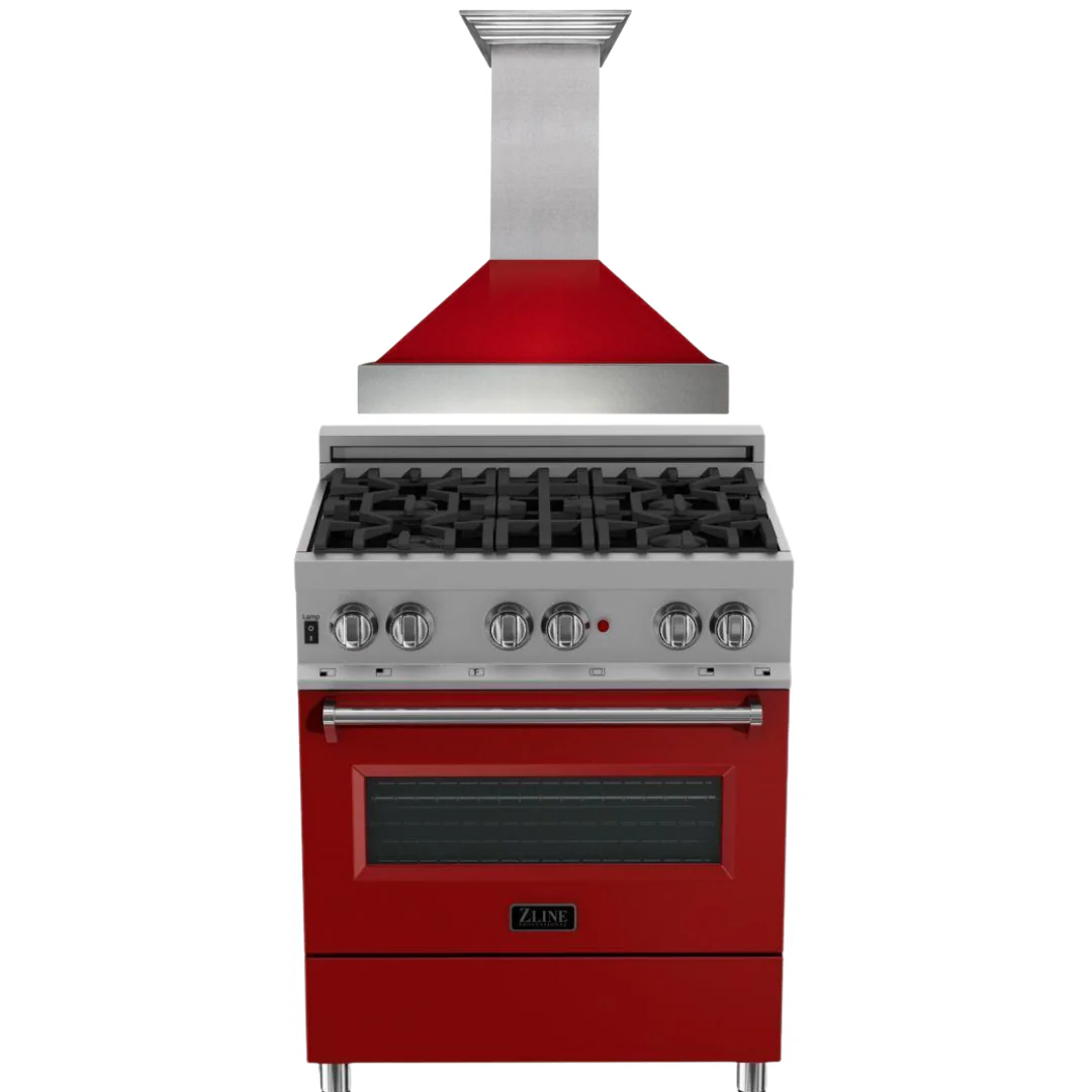 ZLINE 30 in. Dual Fuel Range in DuraSnow® with Red Gloss Door & 30 in. Range Hood Appliance Package, 2KP-RASRGRH30 - Inhomebuy