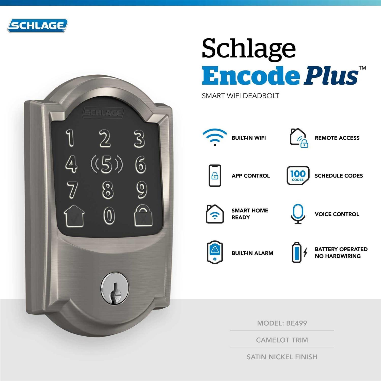 Schlage BE499WB-CAM Encode Plus Camelot Touchscreen Electronic Deadbolt with WiFi - Inhomebuy
