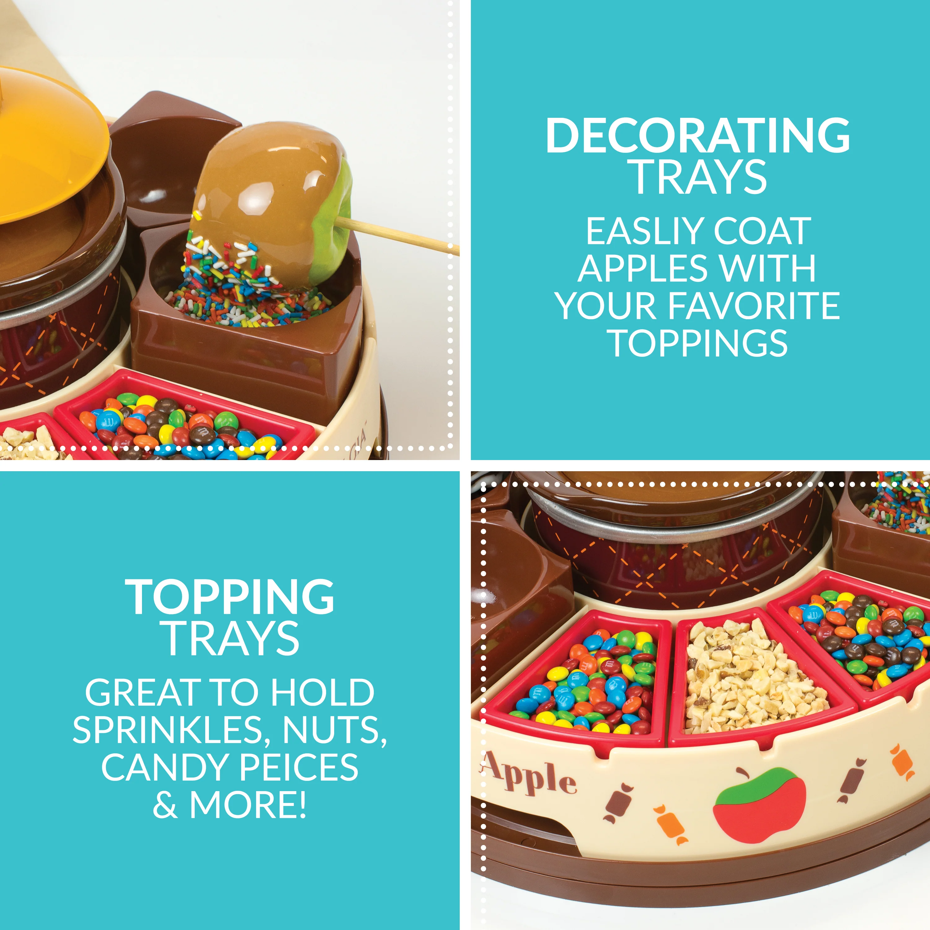 Lazy Susan Chocolate & Caramel Apple Party with Heated Fondue Pot, 25 Sticks, Decorating and Toppings Trays - Inhomebuy