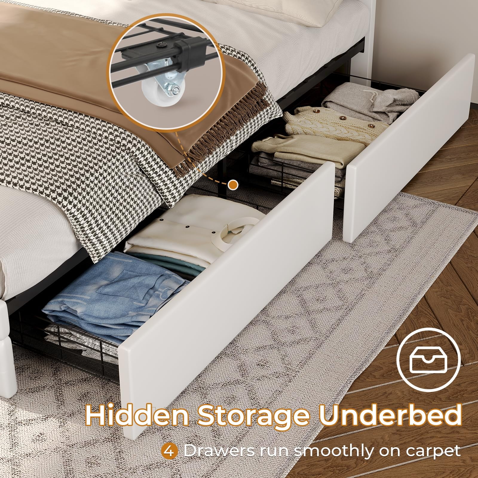 Afuhokles LED Bed Frame King Size with 2 USB Ports, Platform Bed Frame with LED Headboard and Footboard, Storage Drawers, No Box Spring Needed, White - Inhomebuy