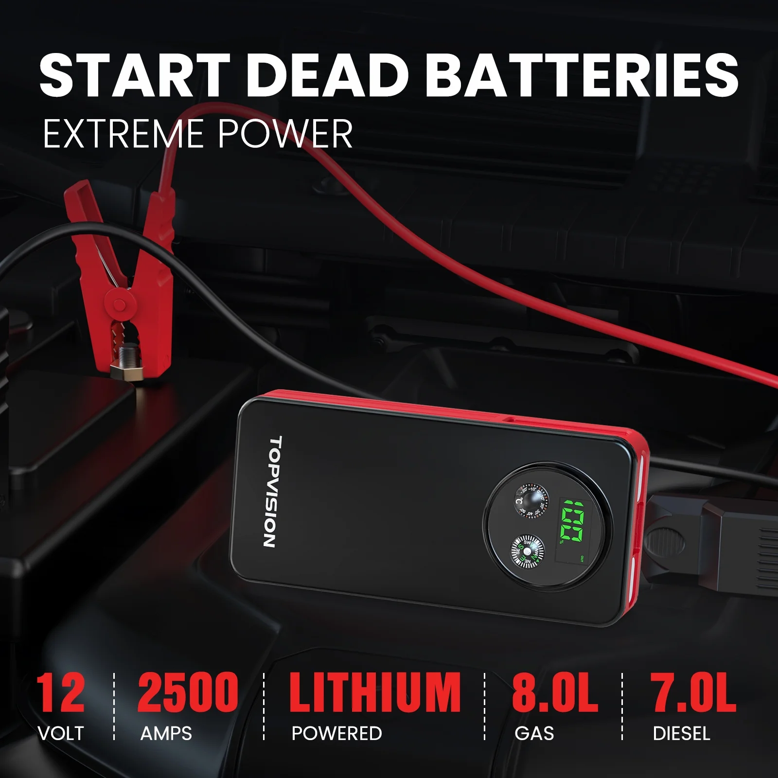 TOPVISION 2500A Car Jump starter Powerful Car Jump Starter with Dual USB Quick Charge and DC Output,12V Jump Pack with Built-in LED Bright Light - Inhomebuy