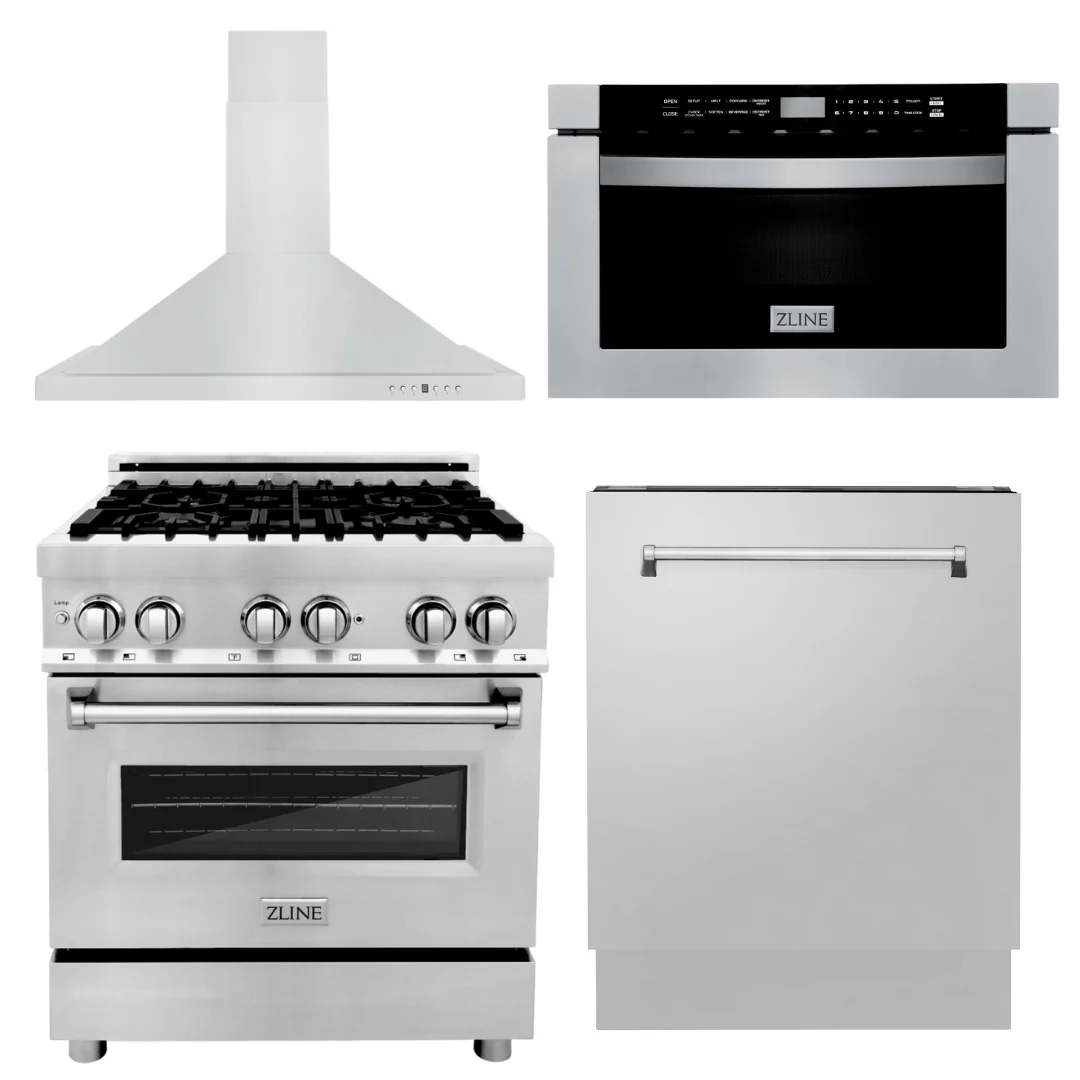 ZLINE Appliance Package - 30 in. Dual Fuel Range, 30 in. Range Hood, Microwave Drawer, 3 Rack Dishwasher, 4KP-RARH30-MWDWV - Inhomebuy