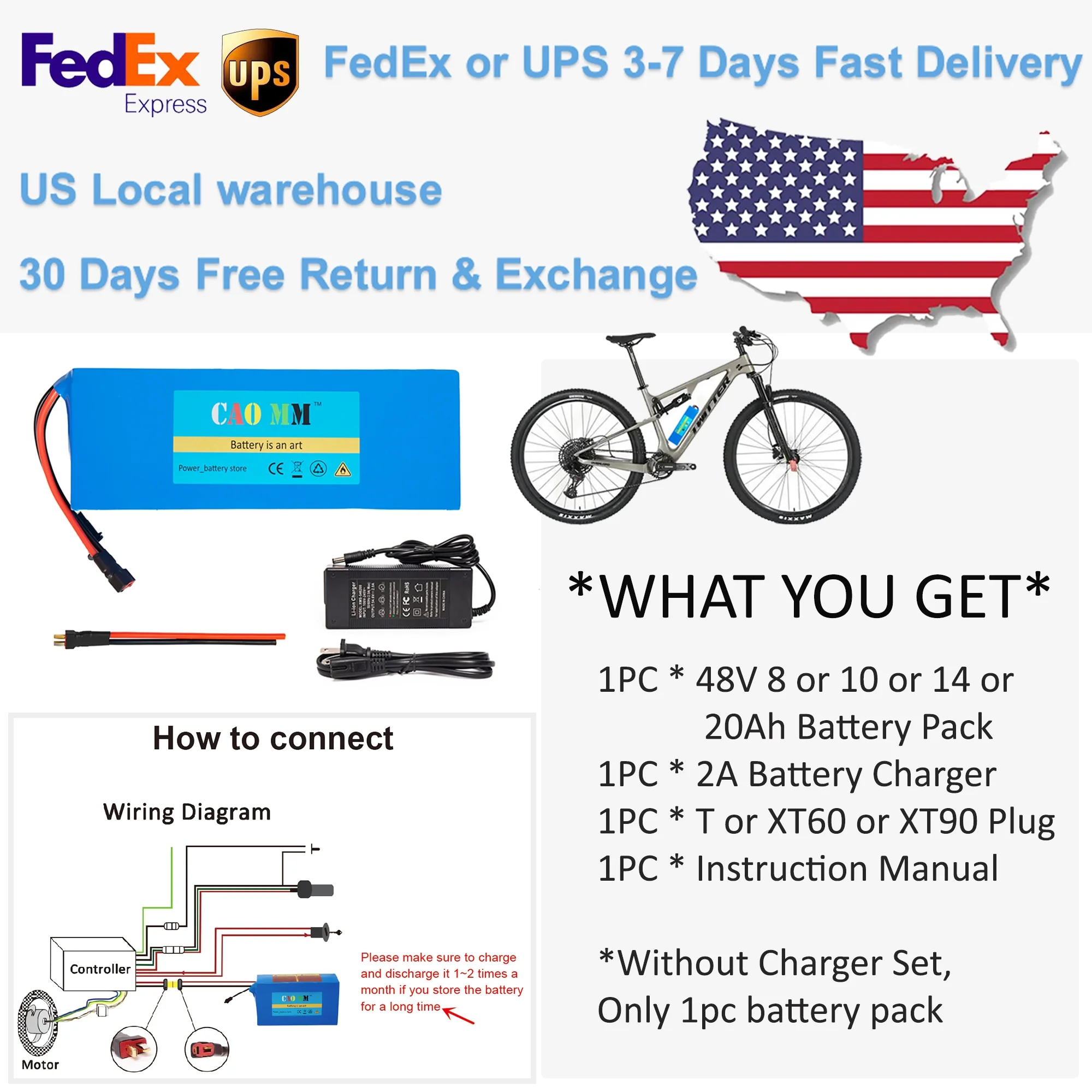 Ebike Battery 48V 8Ah Lithium Battery 30A BMS with Charger 48V Battery for 750W Electric Bike Motorcycle - Inhomebuy