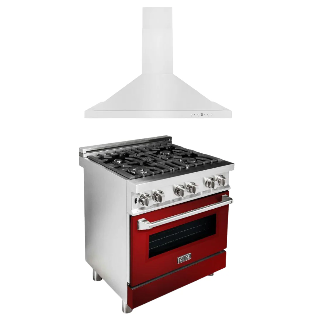 ZLINE 30 in. Dual Fuel Range with Red Gloss Door & 30 in. Range Hood Appliance Package, 2KP-RARGRH30 - Inhomebuy