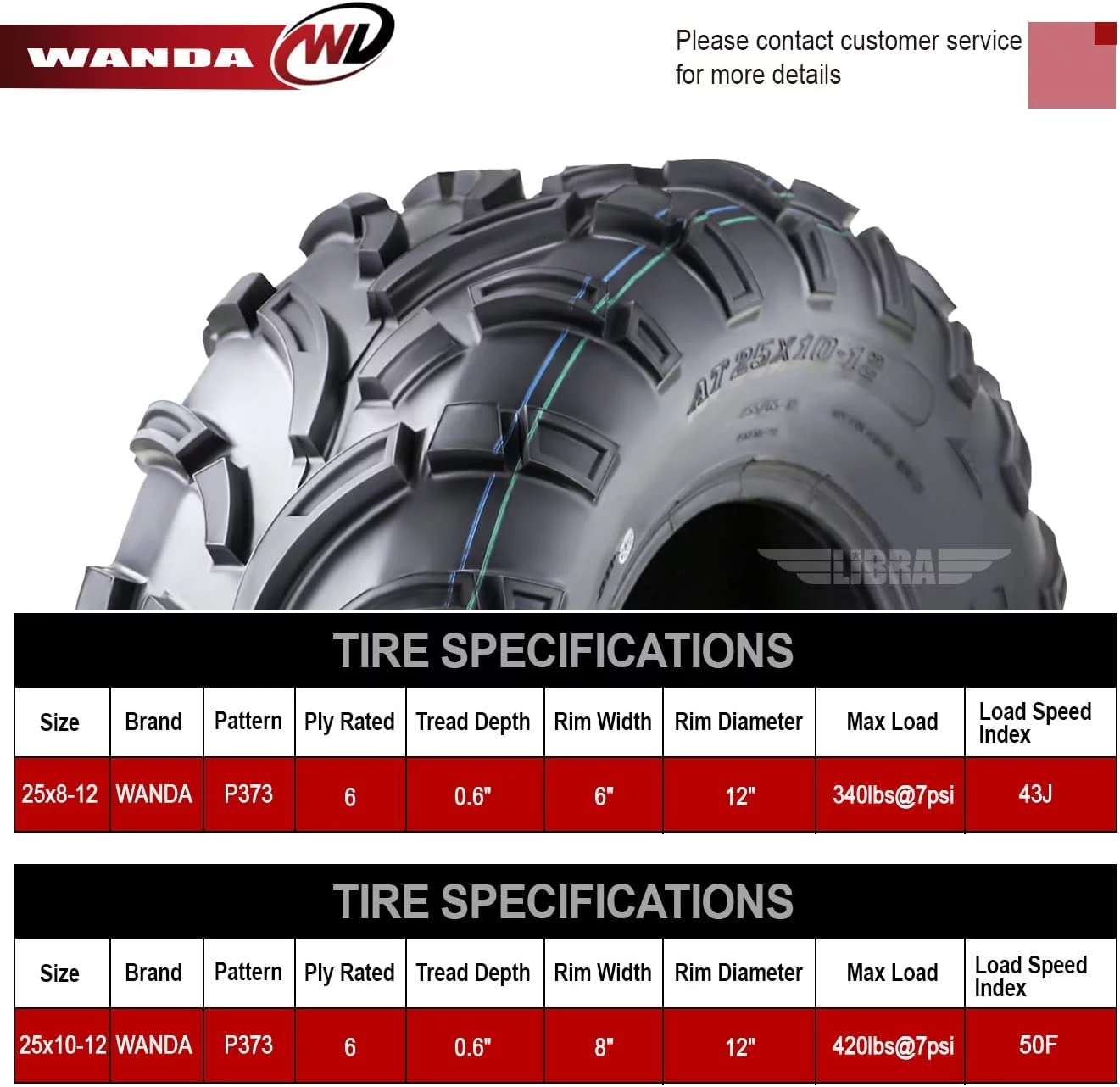 Wanda ATV/UTV Tires 25x8-12 Front & 25x10-12 Rear /6PR P373, Set 4 - Inhomebuy