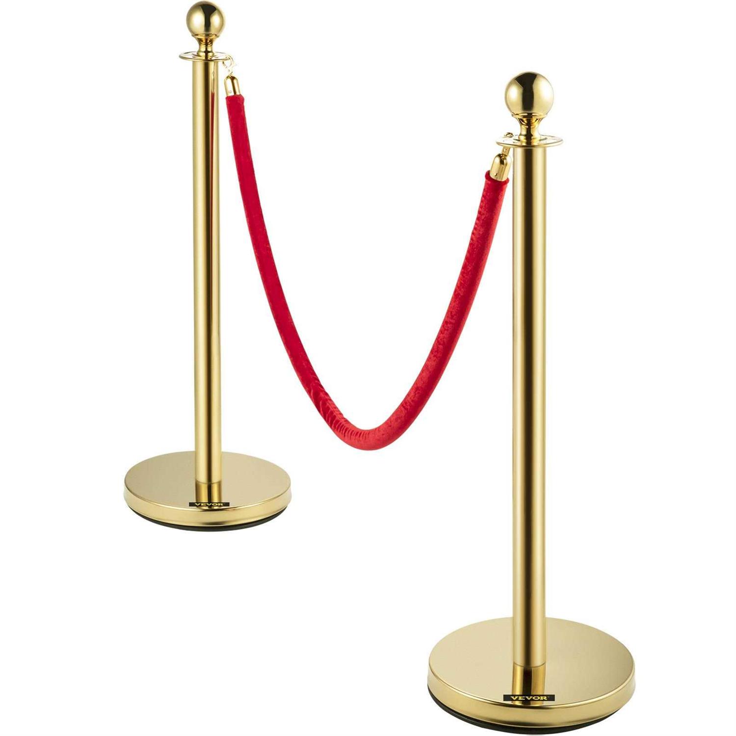 VEVOR Velvet Ropes and Posts 5 ft. Red Rope Stainless Steel Gold Stanchion with Ball Top Crowd Control Barrier - Inhomebuy