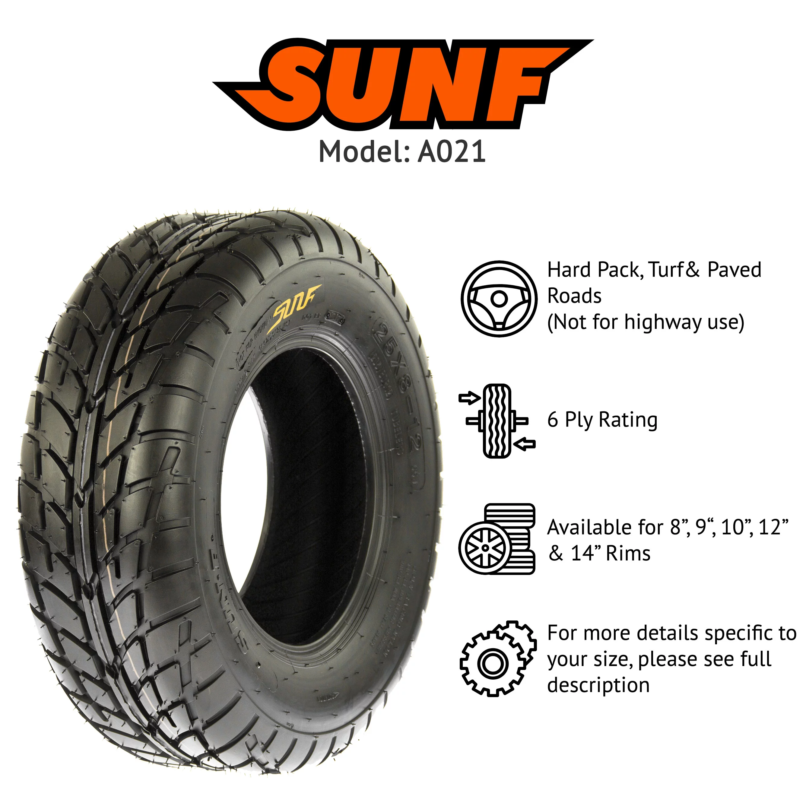 SunF All Terrain ATV UTV Sport Tires 25x8-12 25x8x12 6 PR A021 (Single) - Inhomebuy