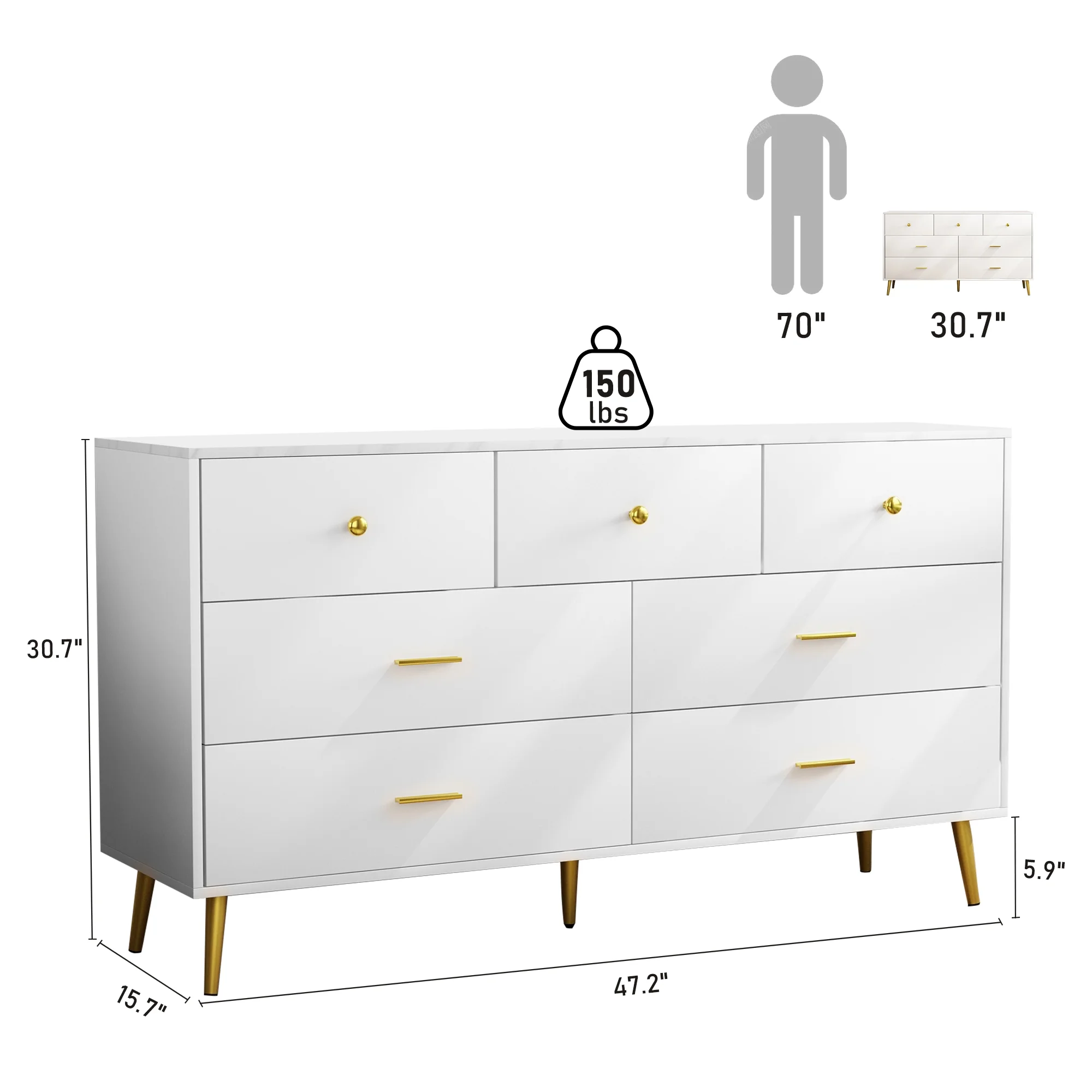 Yaoping 6 Drawer Dresser for Bedroom, Modern Wood Dresser with Wide Drawers and Metal Handles, Storage Chest of Drawers for Living Room Hallway Entryway(White-47.2
