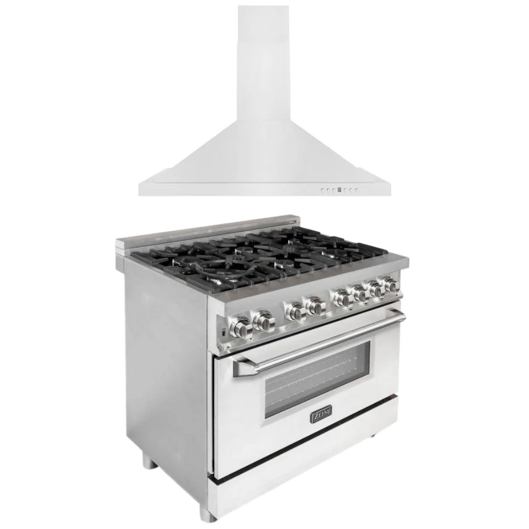 ZLINE Kitchen and Bath 36 in. Dual Fuel Range with White Matte Door & 36 in. Range Hood Appliance Package, 2KP-RAWMRH36 - Inhomebuy