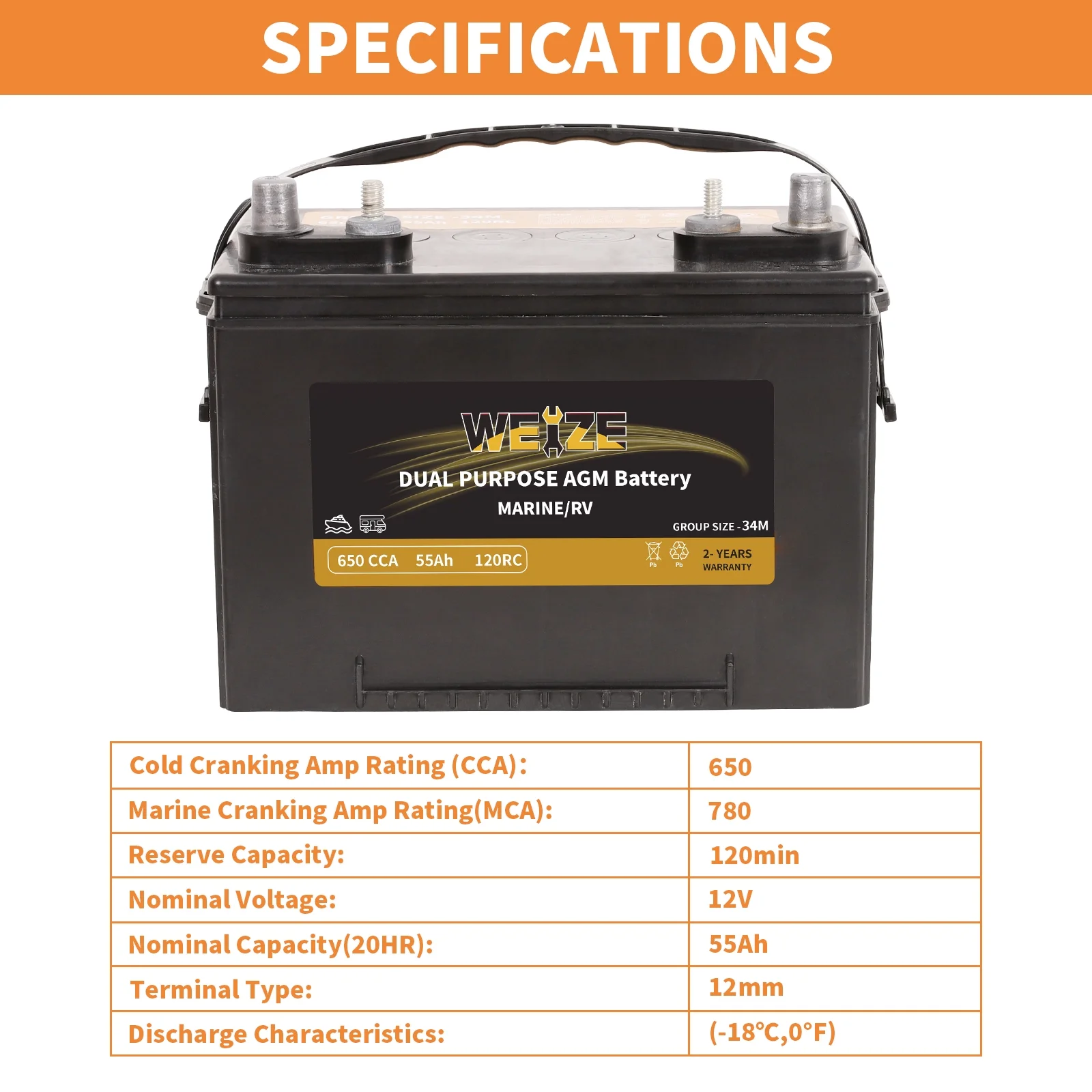 Weize 12V 80AH Dual Purpose AGM Battery, 150RC 550CCA BCI Group 24M Starter & Deep Cycle Sealed Marine & RV Battery - Inhomebuy