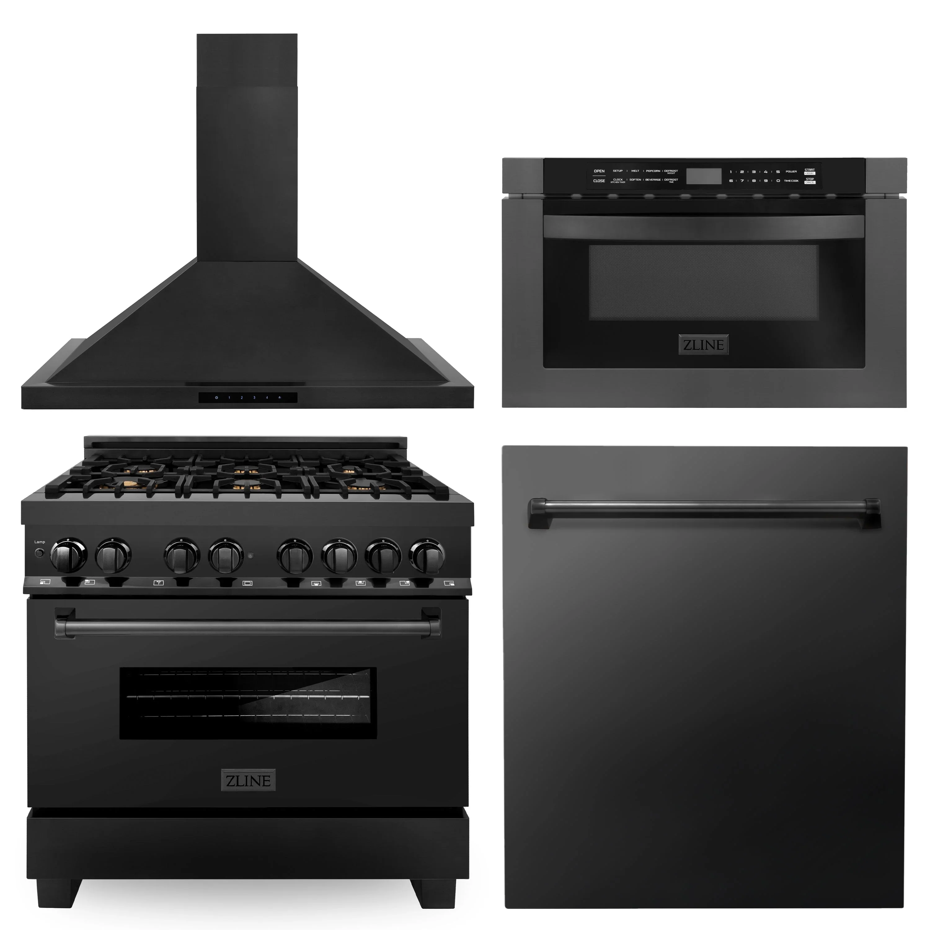 ZLINE Appliance Package - 36 in. Dual Fuel Range, Range Hood, Microwave, Dishwasher in Black Stainless Steel, 4KP-RABRBRH36-MWDW - Inhomebuy