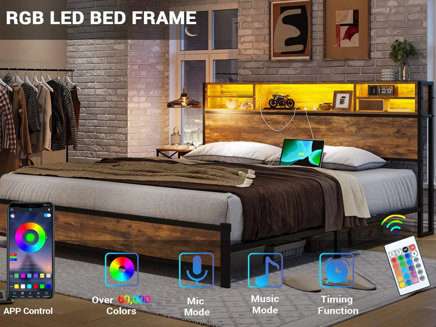 Afuhokles LED Full Bed Frame with Outlets and Headboard, Platform Bed with Storage Drawers, Brown - Inhomebuy