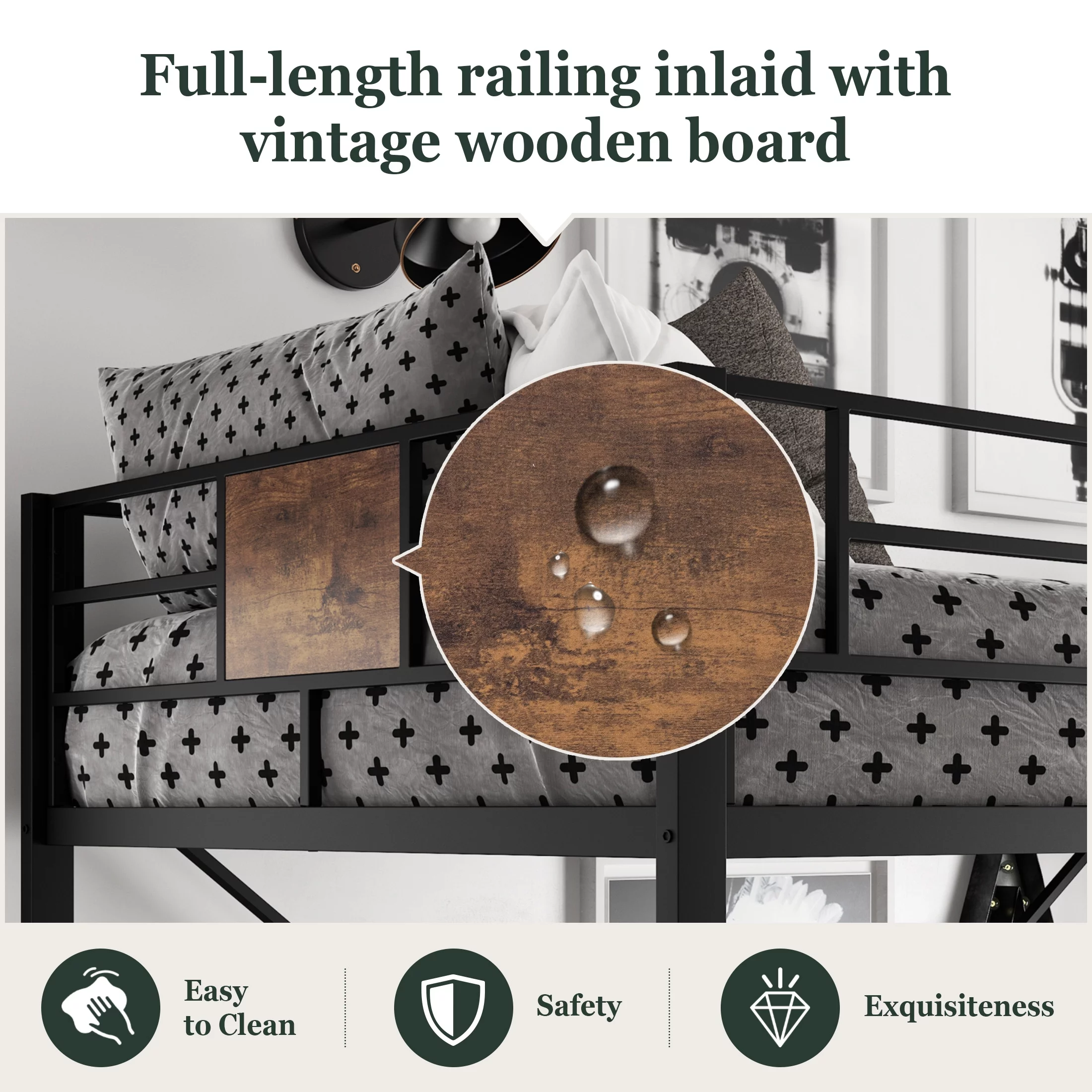 Amolife Metal Twin Size Loft Bed Frame with Stairs & Full-Length Guardrail, Rustic Wood, Black Frame (Desk not included) - Inhomebuy