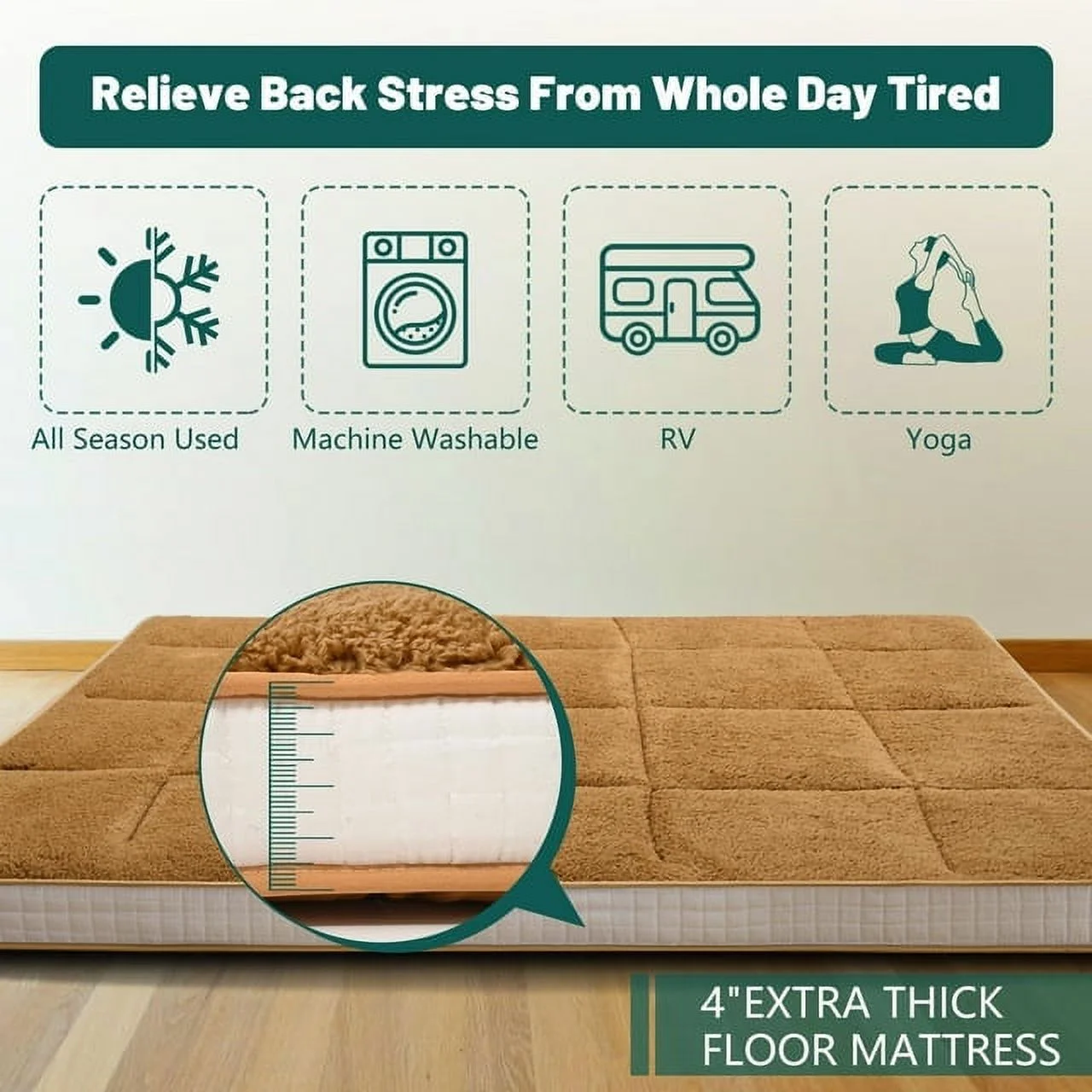 ABORON Japanese Floor Mattress, Upgraded Reversible Winter Futon Mattress Foam Mattress, 4