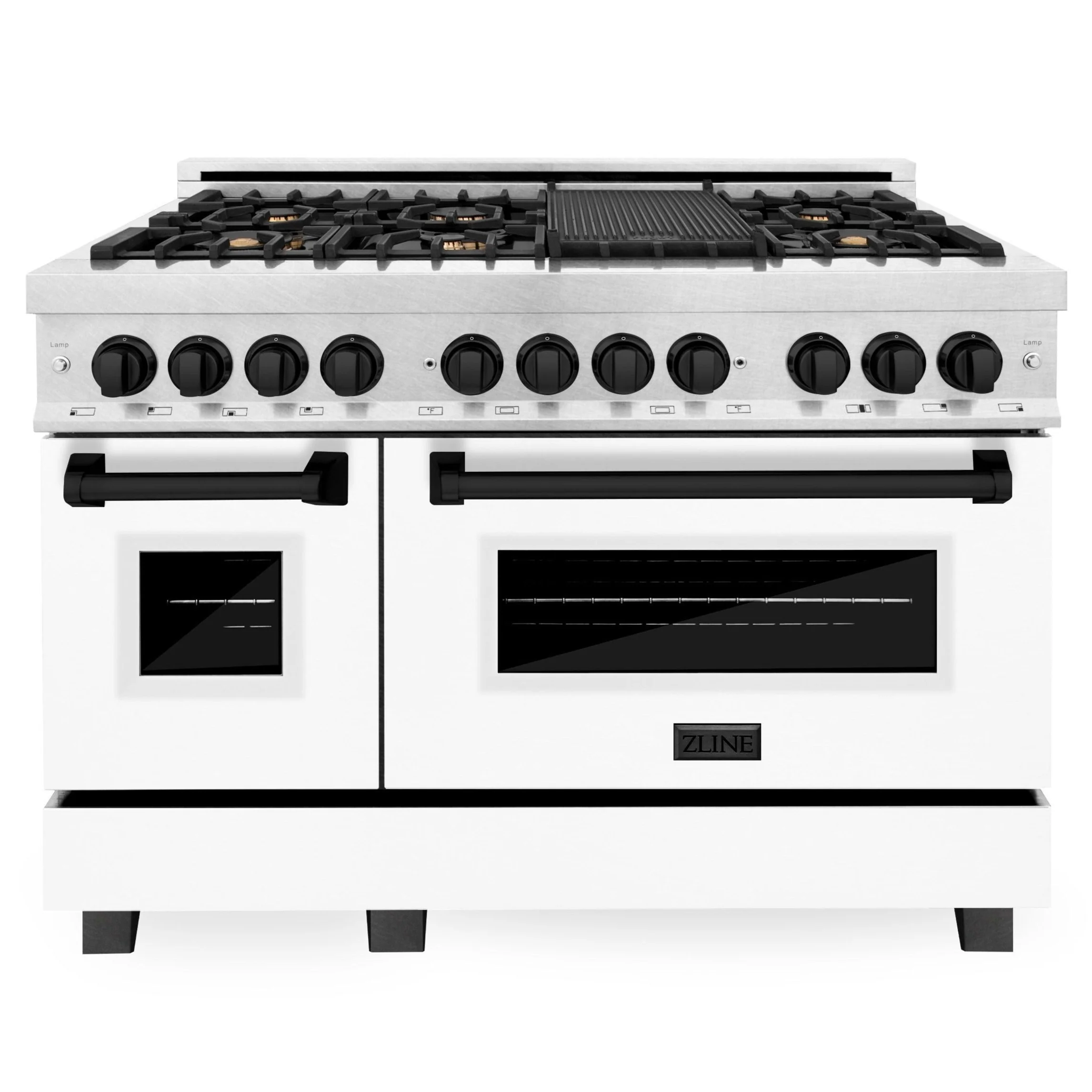 ZLINE Autograph Edition 48 in. 6.0 cu. ft. Range, Gas Stove/Electric Oven in DuraSnow® with White Matte Door, Matte Black Accents, RASZ-WM-48-MB - Inhomebuy