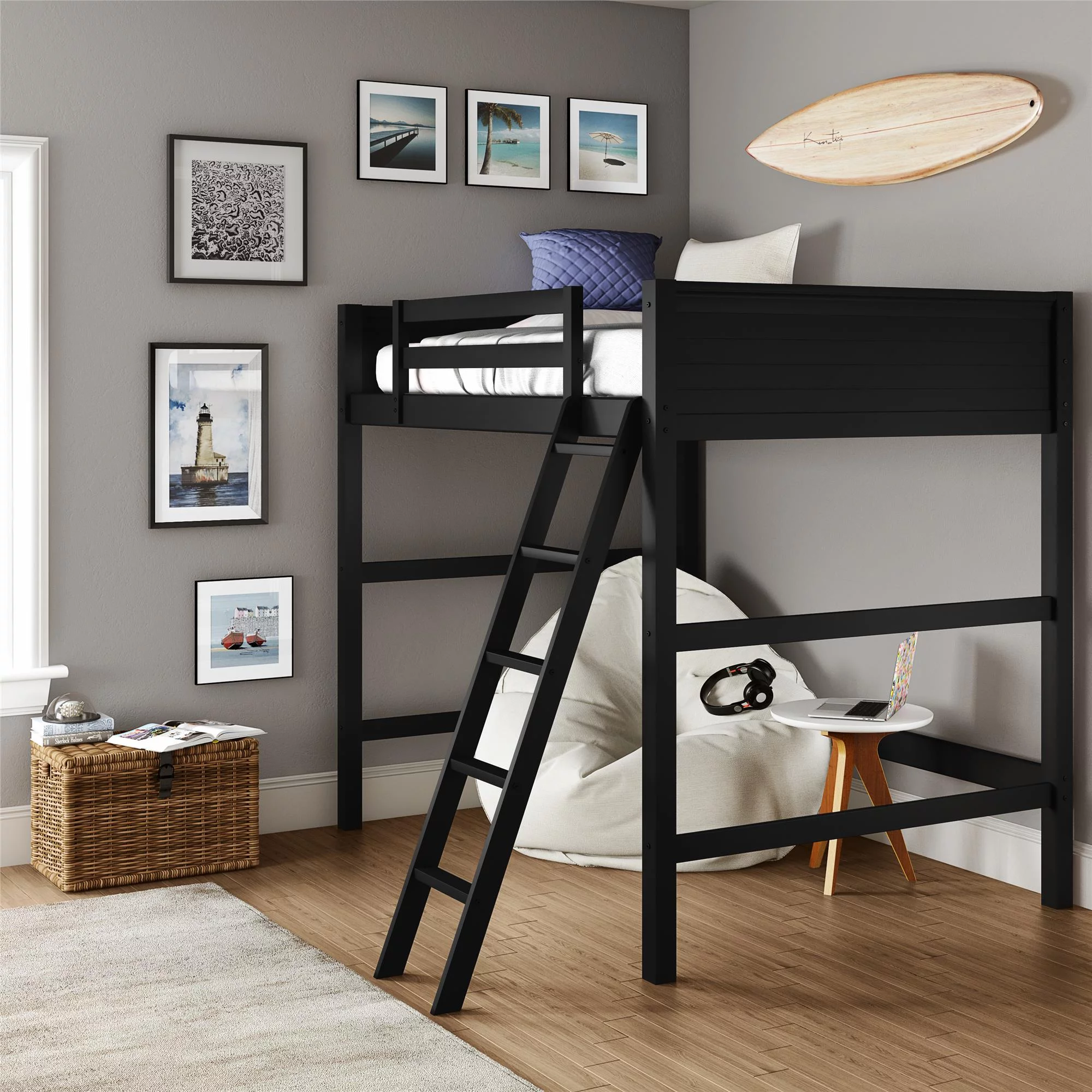 Your Zone Kiarah Full Size Loft Bed with Ladder, Black - Inhomebuy